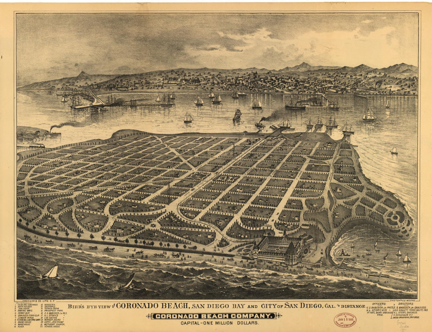 Bird's eye view of Coronado Beach, San Diego Bay and city of San Diego, Cal. in distance (1880) – Historic Bird’s-Eye View Panorama Print