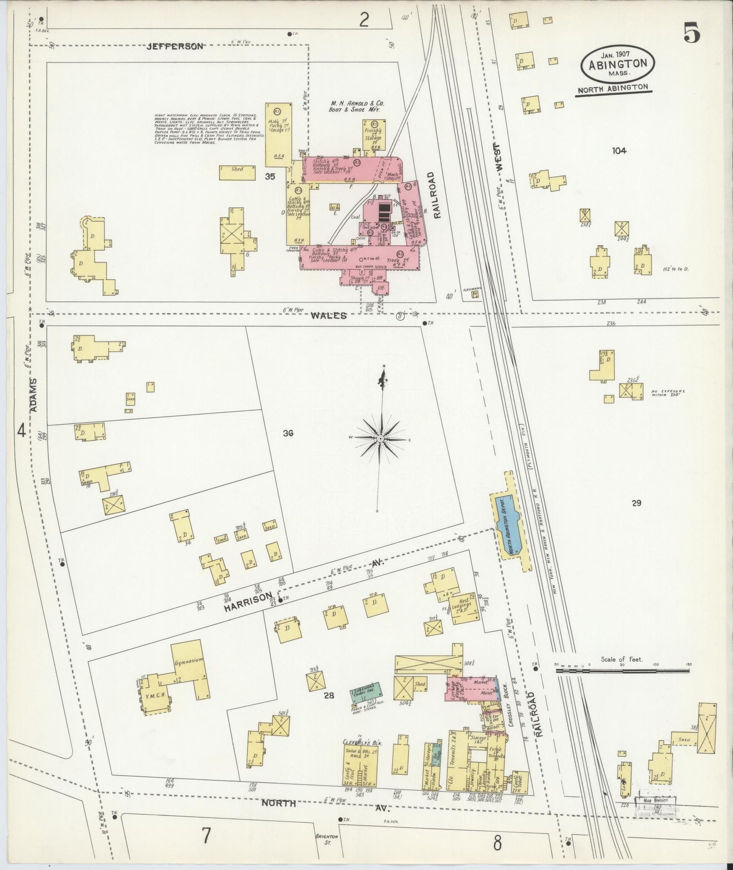 Sanborn Fire Insurance Map from Abington, Plymouth County, Massachusetts (1907), Sheet #0005 - Historic Sanborn Fire Insurance Map Print, vintage old map wall art, antique decor, genealogy gift, Massachusetts Massachusetts map
