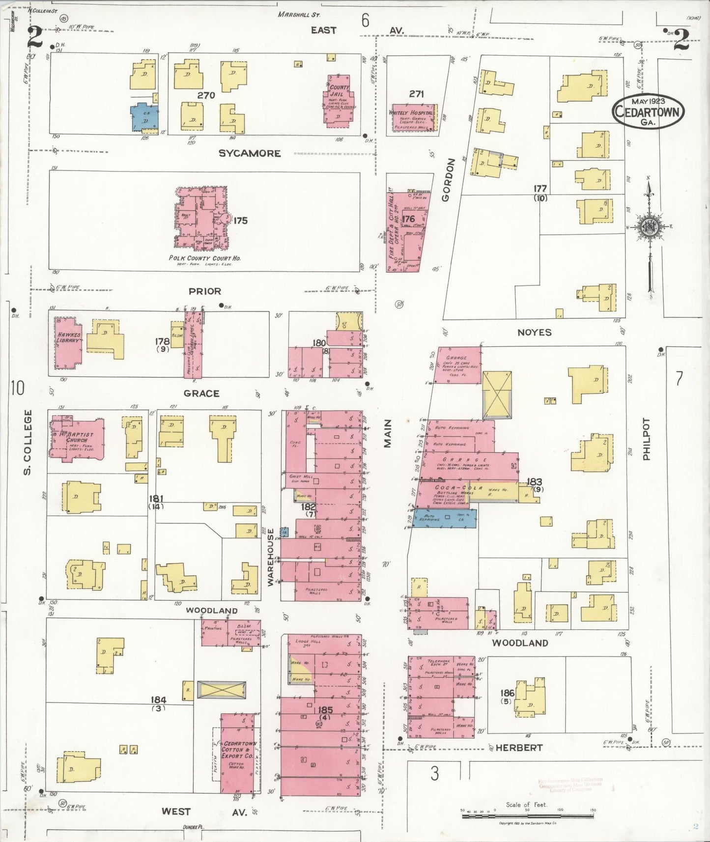 Sanborn Fire Insurance Map from Cedartown, Polk County, Georgia (1923), Sheet #0002 - Historic Sanborn Fire Insurance Map Print, vintage old map wall art, antique decor, genealogy gift, Georgia Georgia map