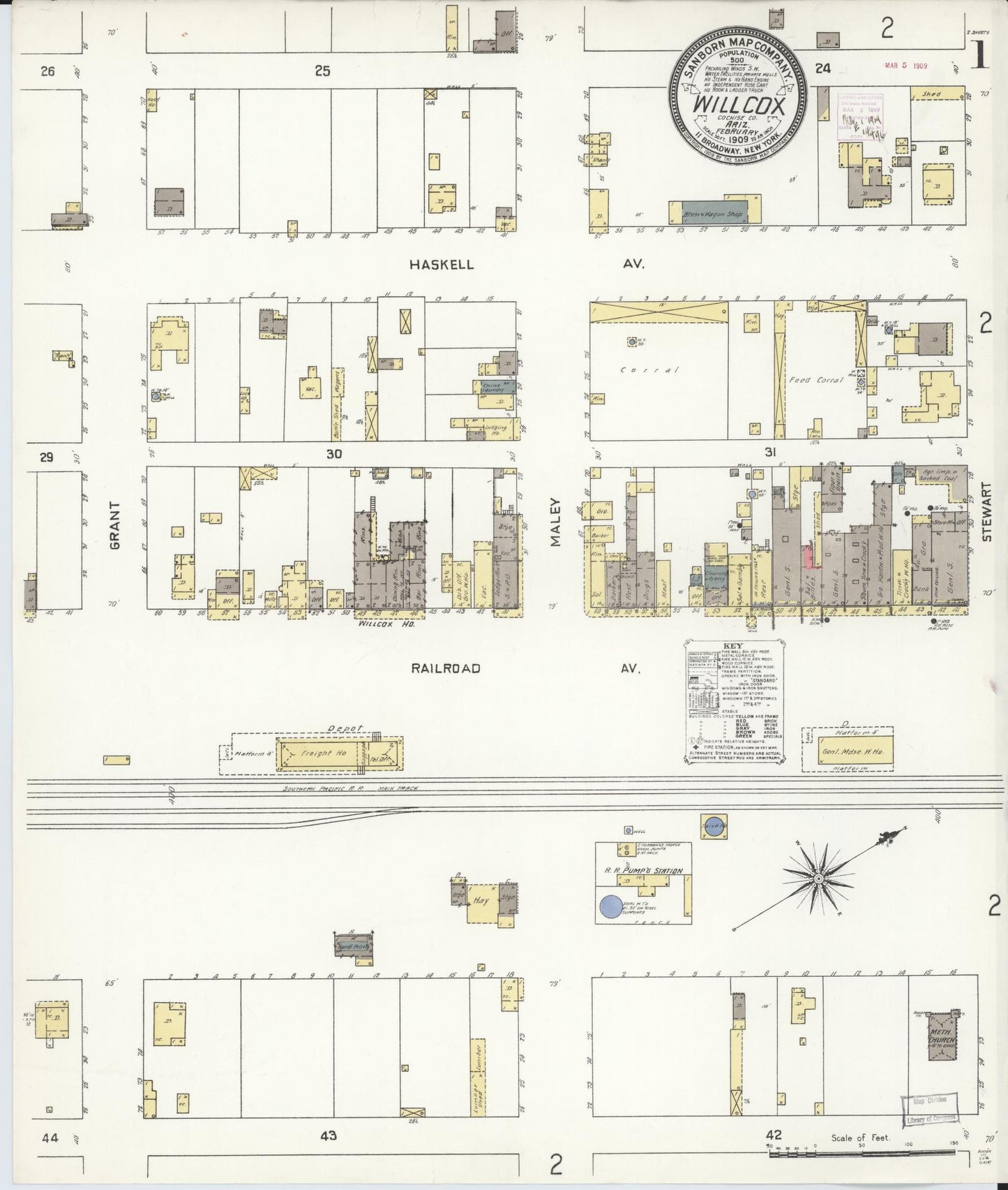 Sanborn Fire Insurance Map from Willcox, Cochise County, Arizona (1909), Sheet #0001 - Historic Sanborn Fire Insurance Map Print, vintage old map wall art, antique decor, genealogy gift, Arizona Arizona map