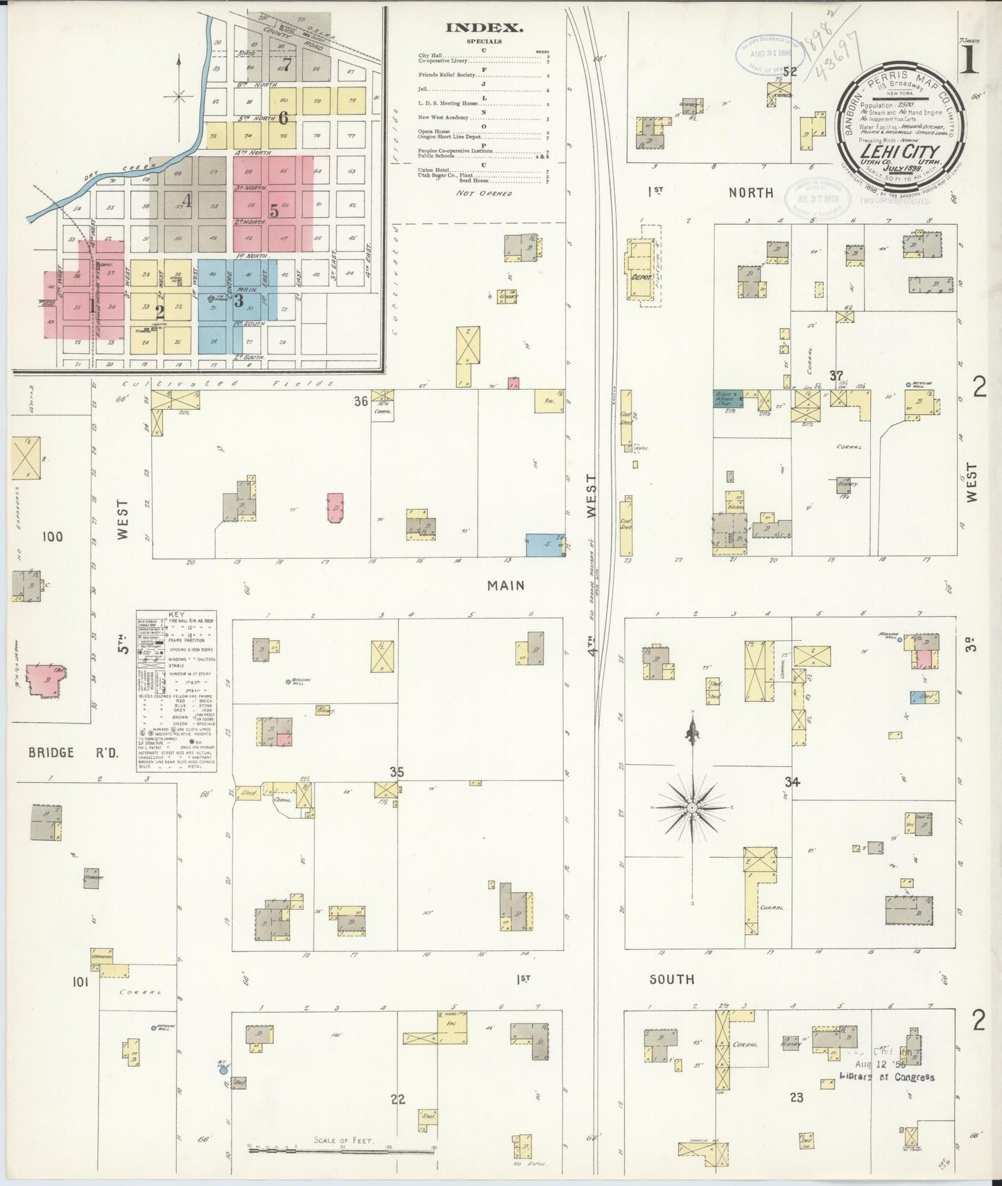 Sanborn Fire Insurance Map from Lehi, Utah County, Utah (1898), Sheet #0001 - Historic Sanborn Fire Insurance Map Print, vintage old map wall art, antique decor, genealogy gift, Lehi Utah map