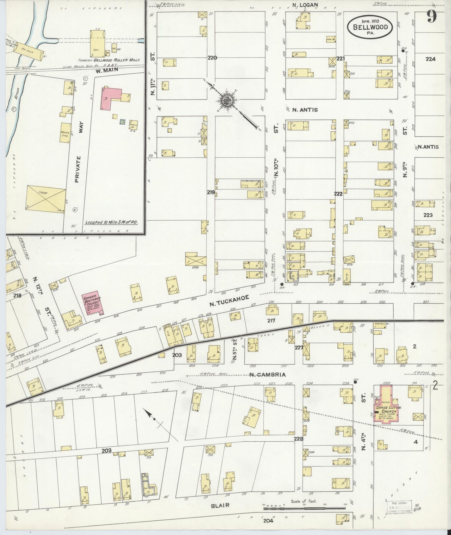 Sanborn Fire Insurance Map from Bellwood, Blair County, Pennsylvania (1910), Sheet #0009 - Historic Sanborn Fire Insurance Map Print, vintage old map wall art, antique decor, genealogy gift, Pennsylvania Pennsylvania map