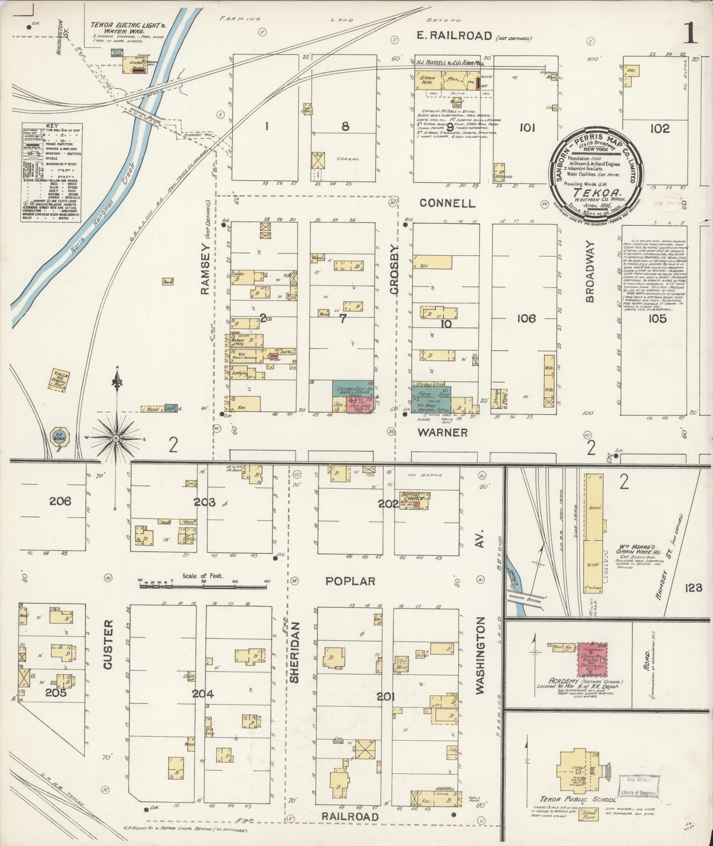 Sanborn Fire Insurance Map from Tekoa, Whitman County, Washington (1896), Sheet #0001 - Historic Sanborn Fire Insurance Map Print, vintage old map wall art, antique decor, genealogy gift, Washington Washington map
