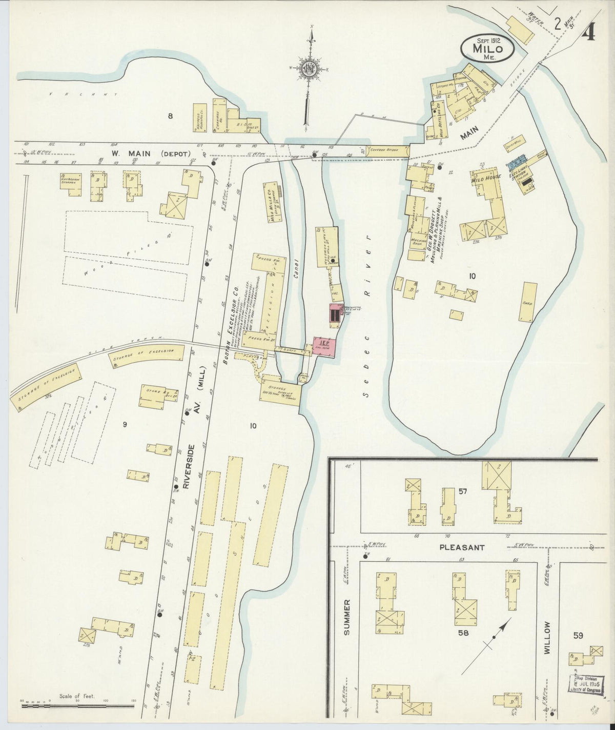 Sanborn Fire Insurance Map from Milo, Piscataquis County, Maine (1912), Sheet #0004 - Historic Sanborn Fire Insurance Map Print, vintage old map wall art, antique decor, genealogy gift, Maine Maine map