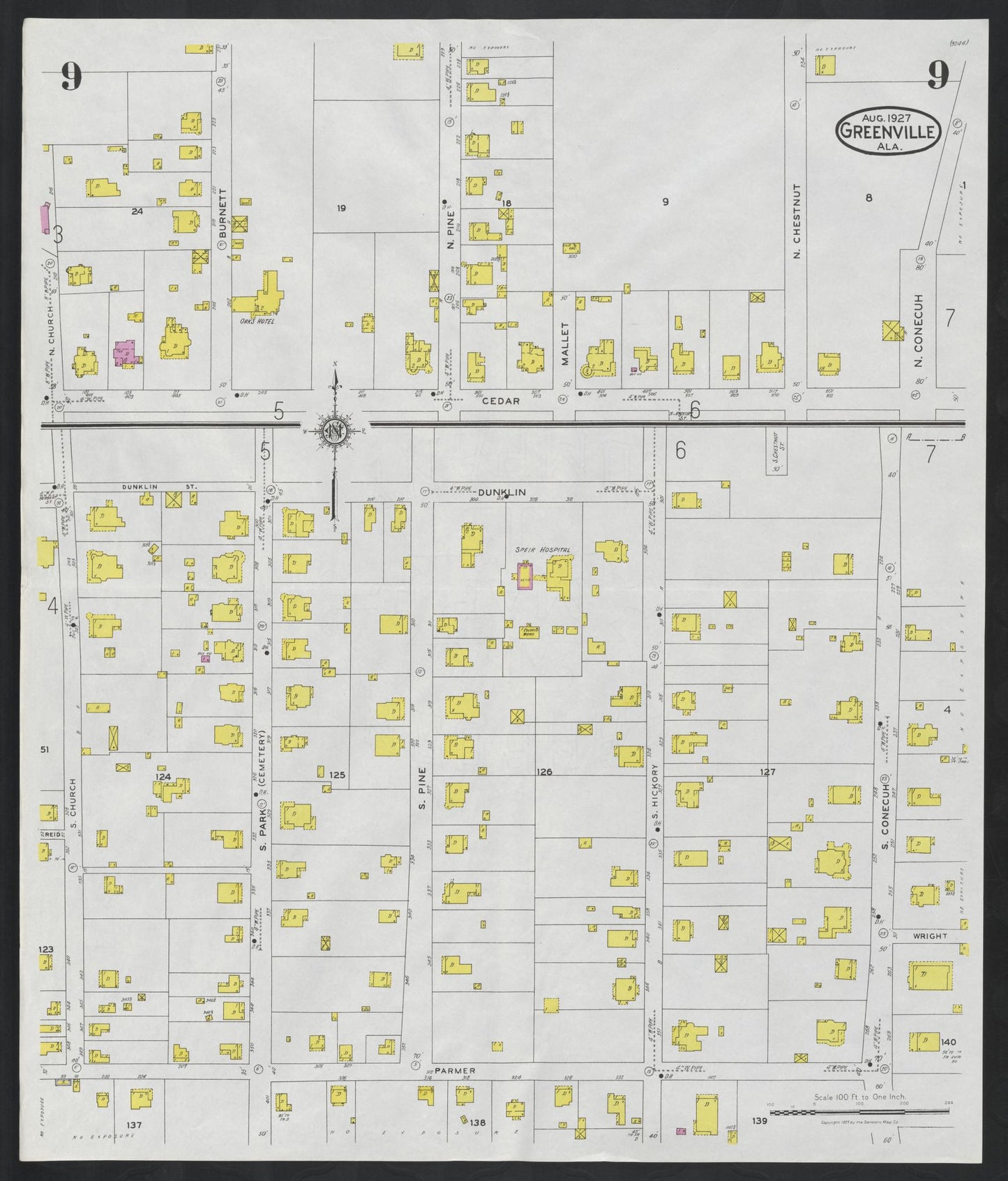 Sanborn Fire Insurance Map from Greenville, Butler County, Alabama (1927), Sheet #0009 - Historic Sanborn Fire Insurance Map Print, vintage old map wall art, antique decor, genealogy gift, Alabama Alabama map