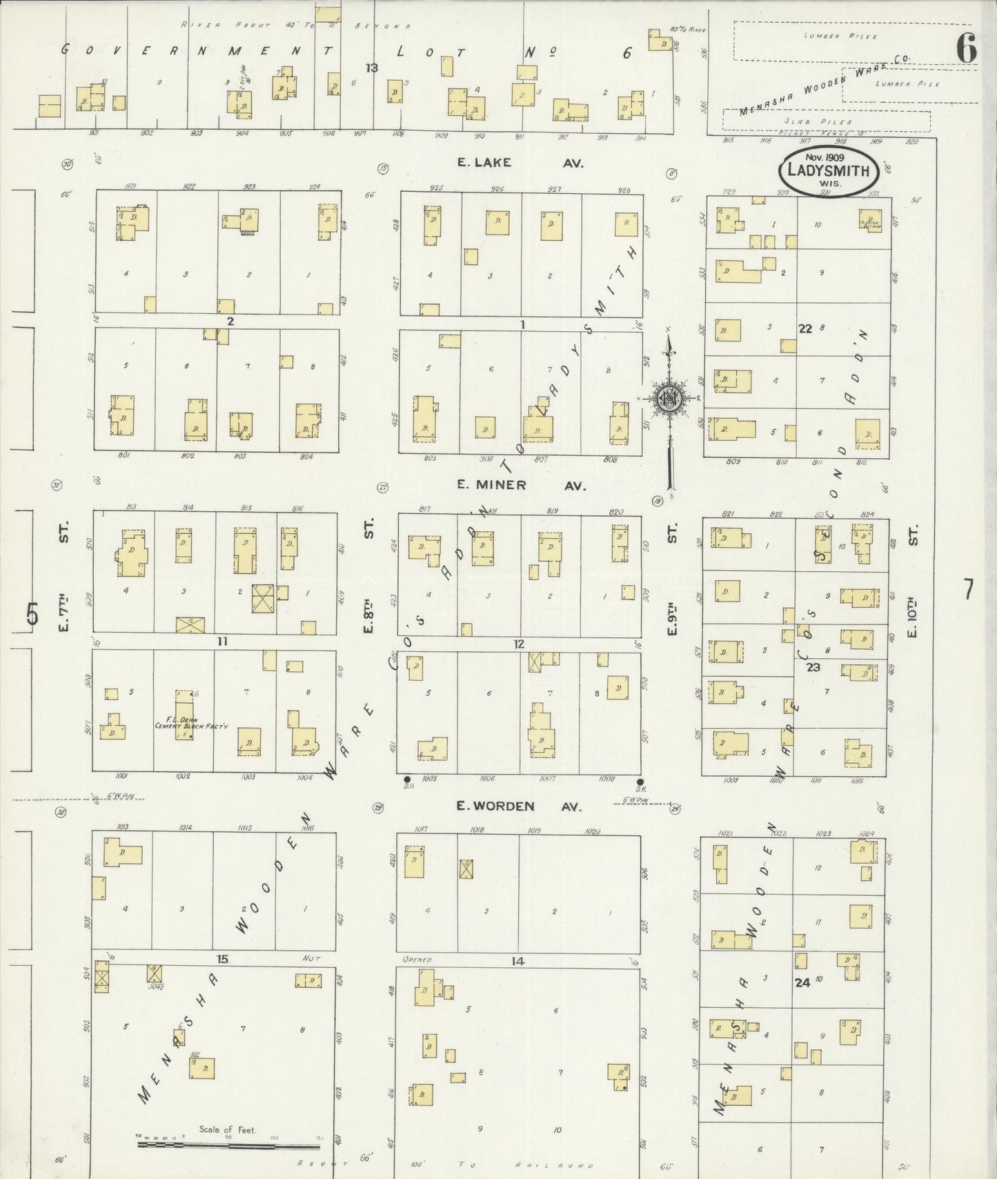 Sanborn Fire Insurance Map from Ladysmith, Rusk County, Wisconsin (1909), Sheet #0006 - Historic Sanborn Fire Insurance Map Print, vintage old map wall art, antique decor, genealogy gift, Wisconsin Wisconsin map