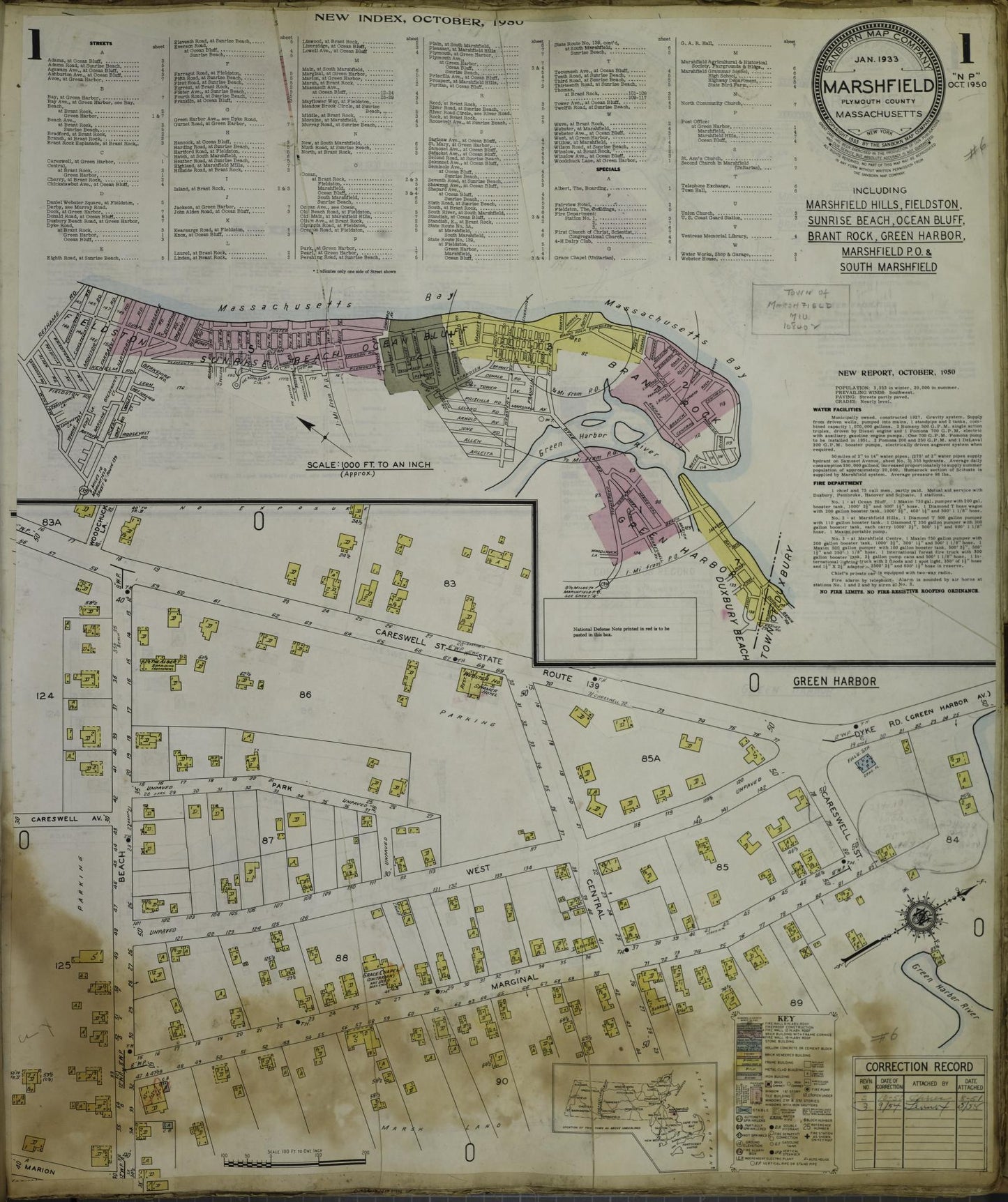 Sanborn Fire Insurance Map from Marshfield, Plymouth County, Massachusetts (1954), Sheet #0001 - Historic Sanborn Fire Insurance Map Print, vintage old map wall art, antique decor, genealogy gift, Massachusetts Massachusetts map