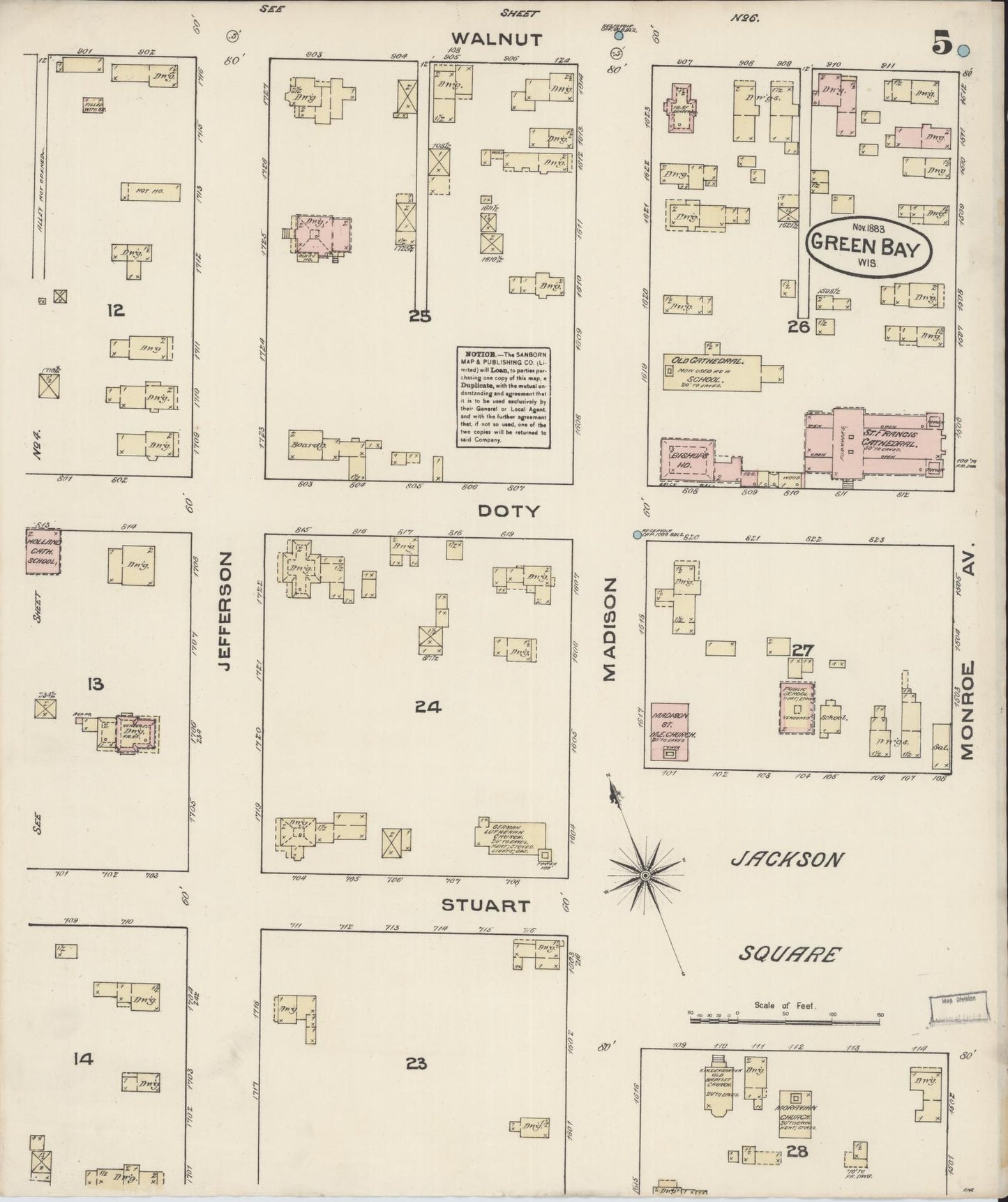Sanborn Fire Insurance Map from Green Bay, Brown County, Wisconsin (1883), Sheet #0005 - Historic Sanborn Fire Insurance Map Print, vintage old map wall art, antique decor, genealogy gift, Wisconsin Wisconsin map