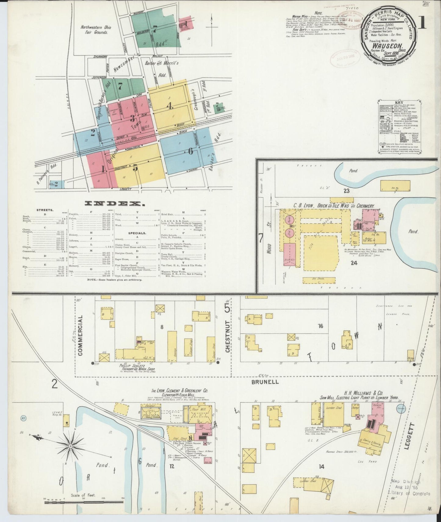 Sanborn Fire Insurance Map from Wauseon, Fulton County, Ohio (1899), Sheet #0001 - Historic Sanborn Fire Insurance Map Print, vintage old map wall art, antique decor, genealogy gift, Ohio Ohio map