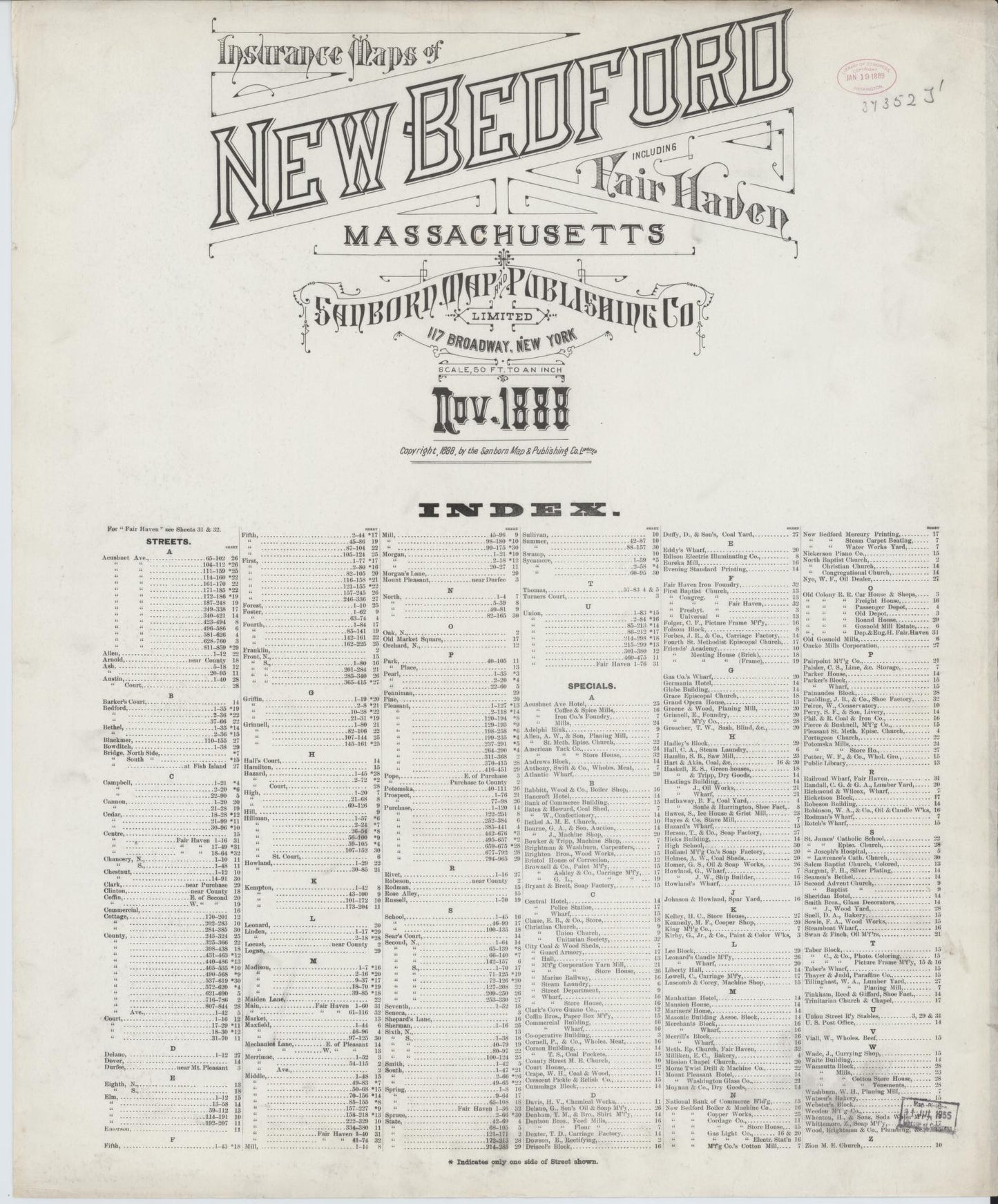 Sanborn Fire Insurance Map from New Bedford, Bristol County, Massachusetts (1888), Sheet #0001 - Historic Sanborn Fire Insurance Map Print, vintage old map wall art, antique decor, genealogy gift, Massachusetts Massachusetts map