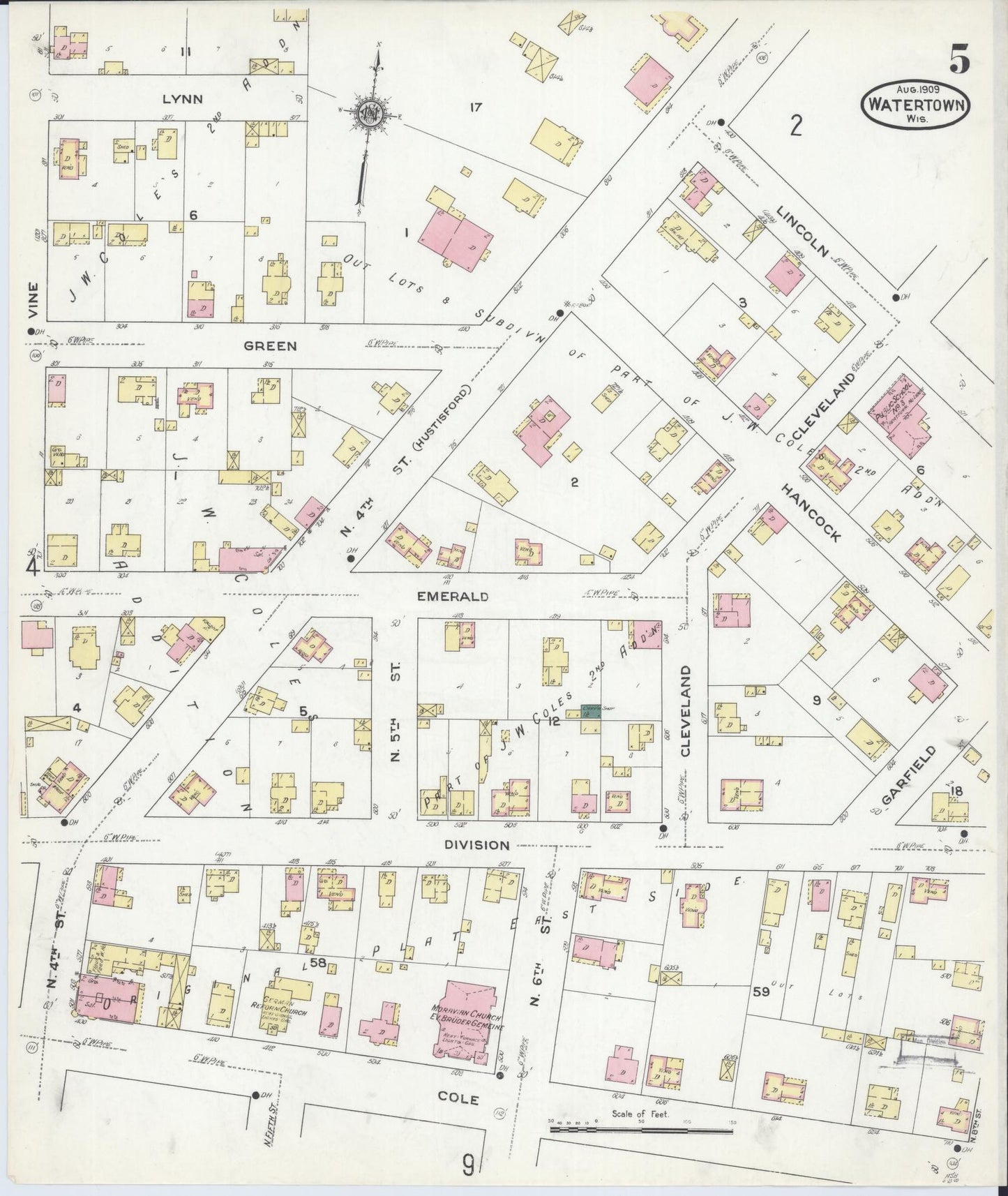 Sanborn Fire Insurance Map from Watertown, Jefferson County, Wisconsin (1909), Sheet #0005 - Historic Sanborn Fire Insurance Map Print, vintage old map wall art, antique decor, genealogy gift, Wisconsin Wisconsin map