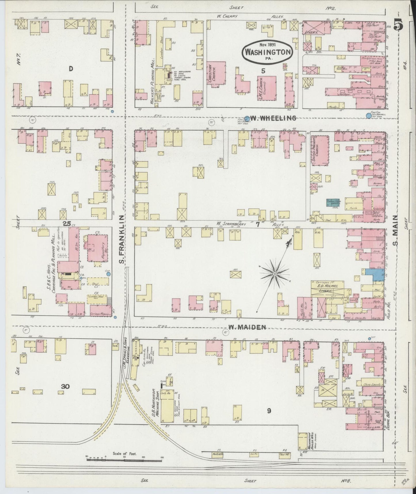 Sanborn Fire Insurance Map from Washington, Washington County, Pennsylvania (1891), Sheet #0005 - Historic Sanborn Fire Insurance Map Print, vintage old map wall art, antique decor, genealogy gift, Sanborn Fire Insurance Map from Washington Washington map