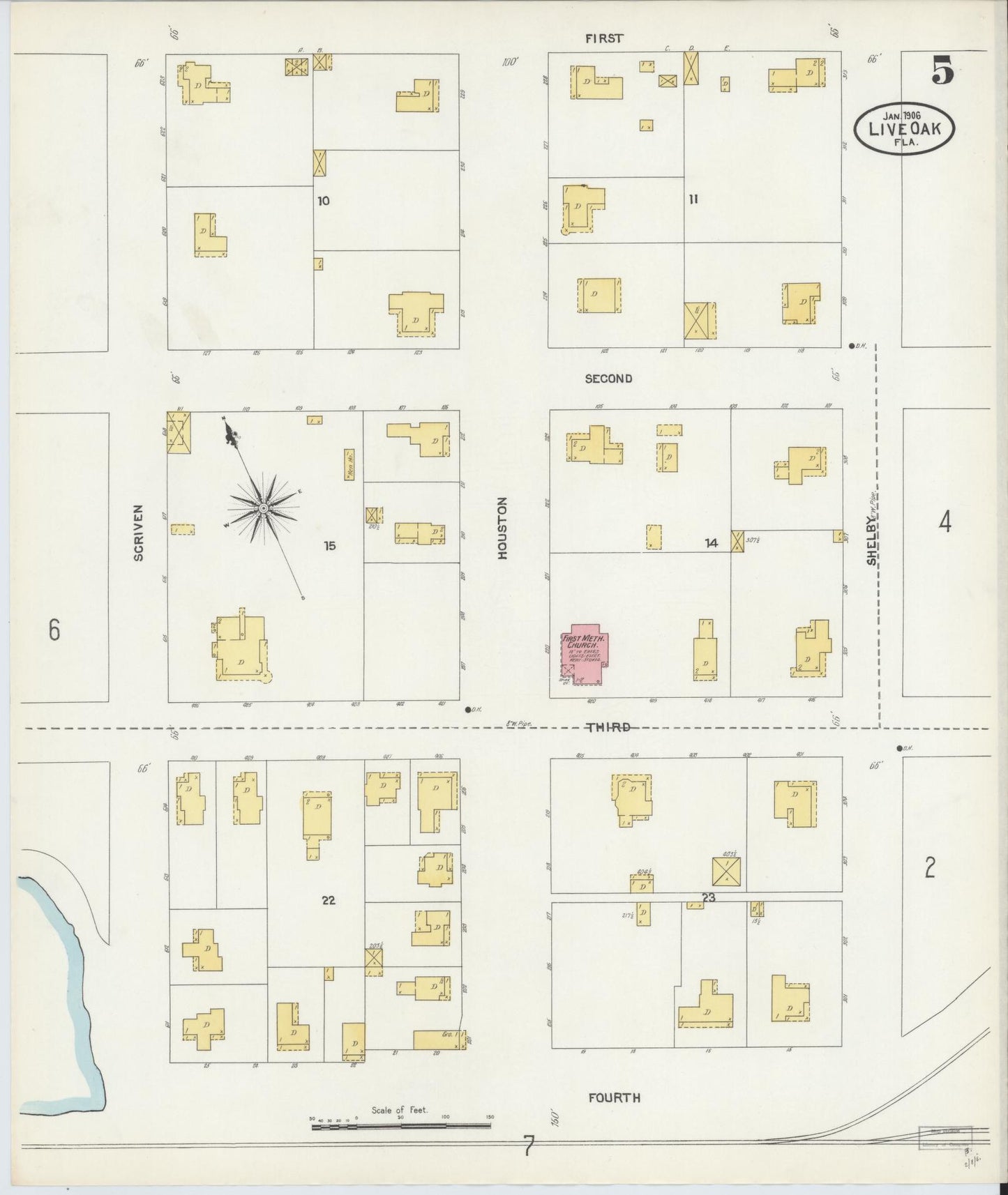 Sanborn Fire Insurance Map from Live Oak, Suwanee County, Florida (1906), Sheet #0005 - Historic Sanborn Fire Insurance Map Print, vintage old map wall art, antique decor, genealogy gift, Florida Florida map