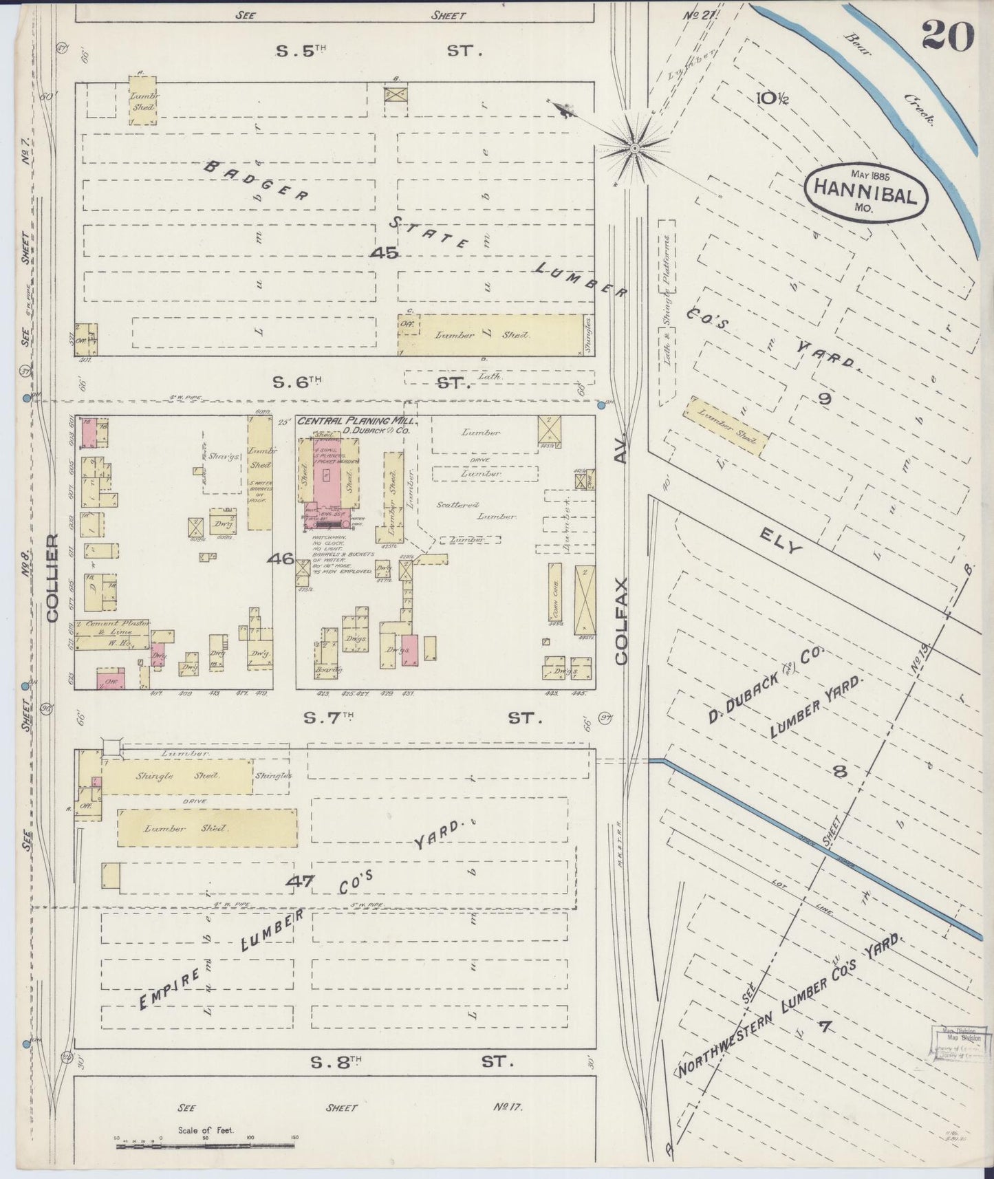 Sanborn Fire Insurance Map from Hannibal, Marion County, Missouri (1885), Sheet #0020 - Historic Sanborn Fire Insurance Map Print, vintage old map wall art, antique decor, genealogy gift, Missouri Missouri map