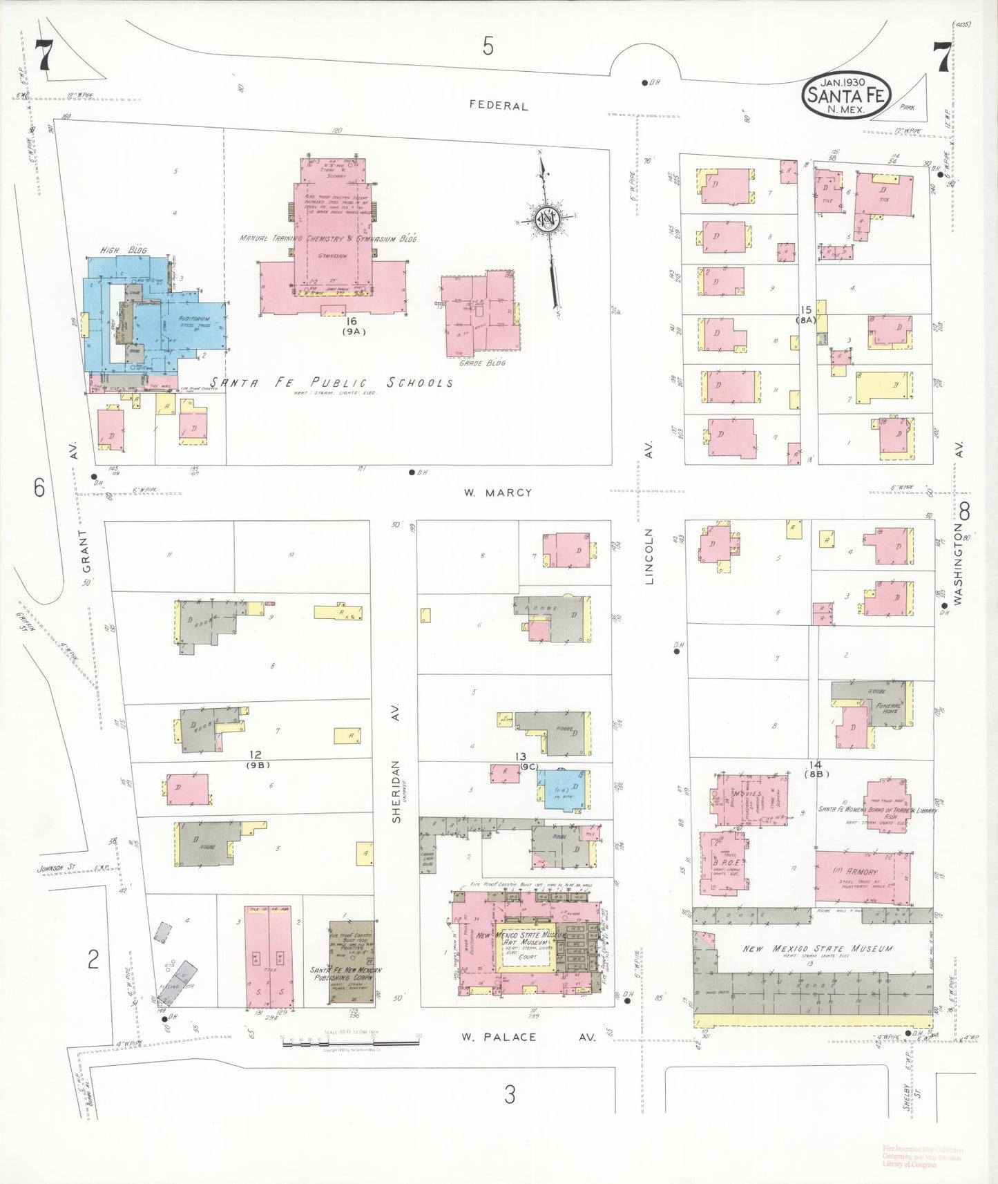 Sanborn Fire Insurance Map from Santa Fe, Santa Fe County, New Mexico (1930), Sheet #0007 - Historic Sanborn Fire Insurance Map Print, vintage old map wall art, antique decor, genealogy gift, New Mexico New Mexico map
