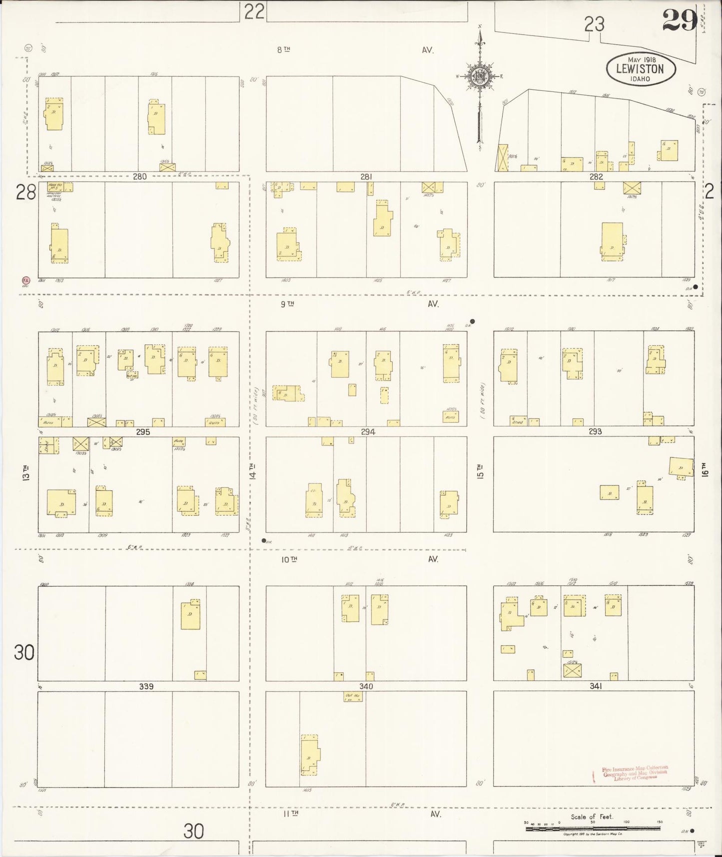 Sanborn Fire Insurance Map from Lewiston, Nez Perce County, Idaho (1918), Sheet #0029 - Historic Sanborn Fire Insurance Map Print, vintage old map wall art, antique decor, genealogy gift, Idaho Idaho map