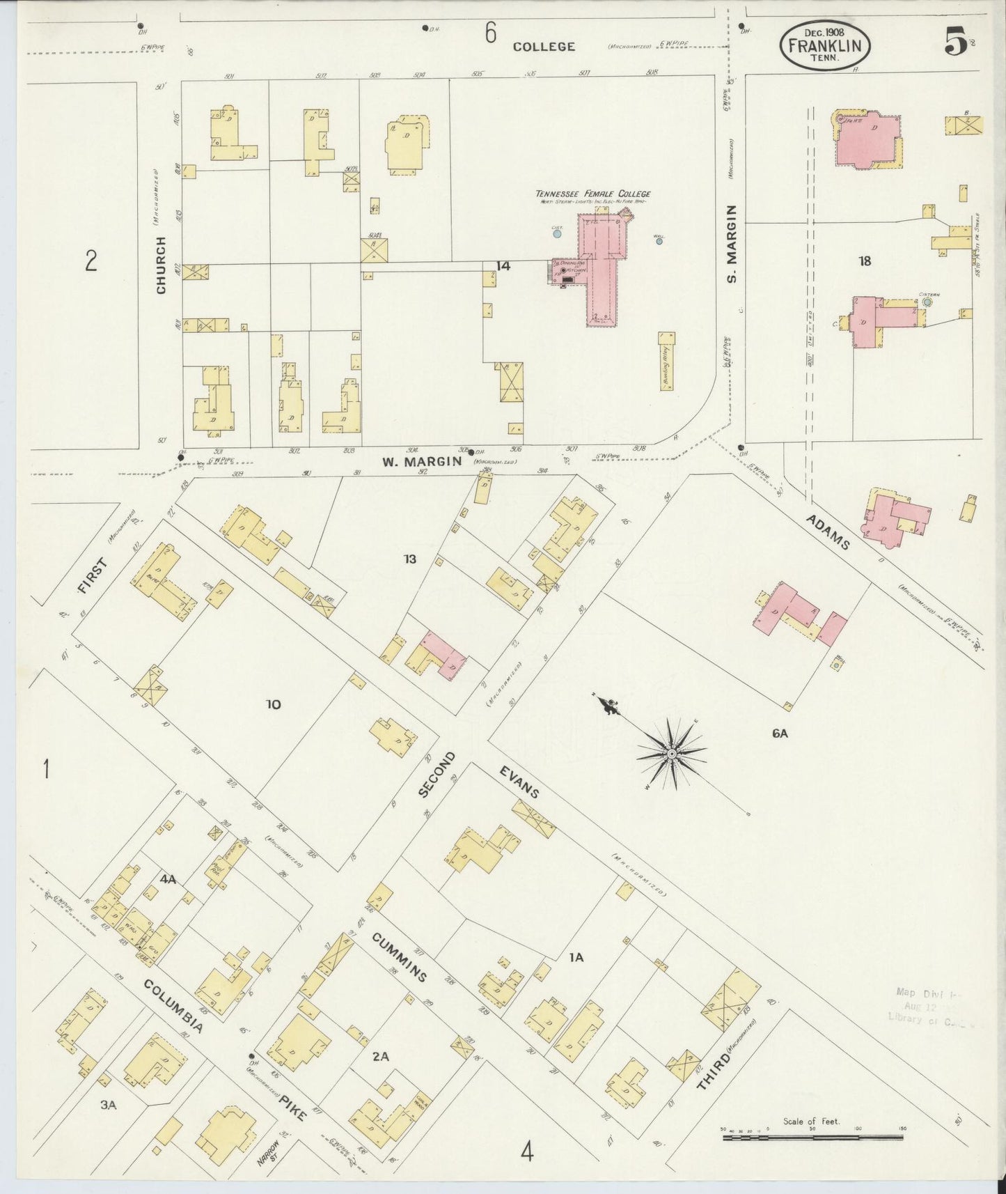 Sanborn Fire Insurance Map from Franklin, Williamson County, Tennessee (1908), Sheet #0005 - Historic Sanborn Fire Insurance Map Print, vintage old map wall art, antique decor, genealogy gift, Tennessee Tennessee map
