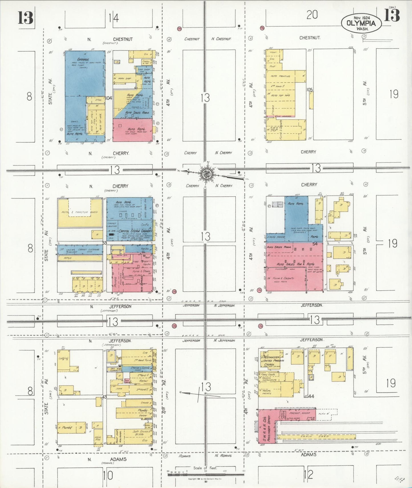 Sanborn Fire Insurance Map from Olympia, Thurston County, Washington (1924), Sheet #0013 - Historic Sanborn Fire Insurance Map Print, vintage old map wall art, antique decor, genealogy gift, Washington Washington map