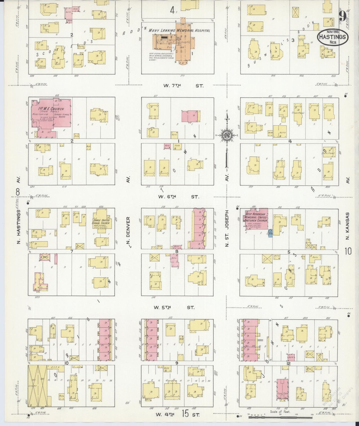 Sanborn Fire Insurance Map from Hastings, Adams County, Nebraska (1915), Sheet #0009 - Historic Sanborn Fire Insurance Map Print, vintage old map wall art, antique decor, genealogy gift, Nebraska Nebraska map