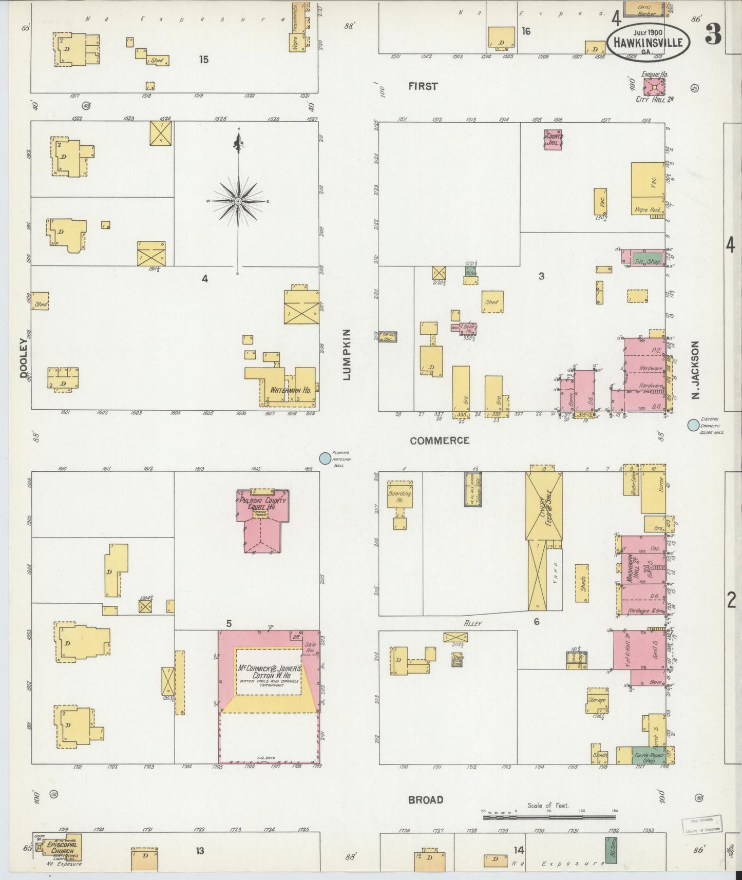 Sanborn Fire Insurance Map from Hawkinsville, Pulaski County, Georgia (1900), Sheet #0003 - Historic Sanborn Fire Insurance Map Print, vintage old map wall art, antique decor, genealogy gift, Georgia Georgia map