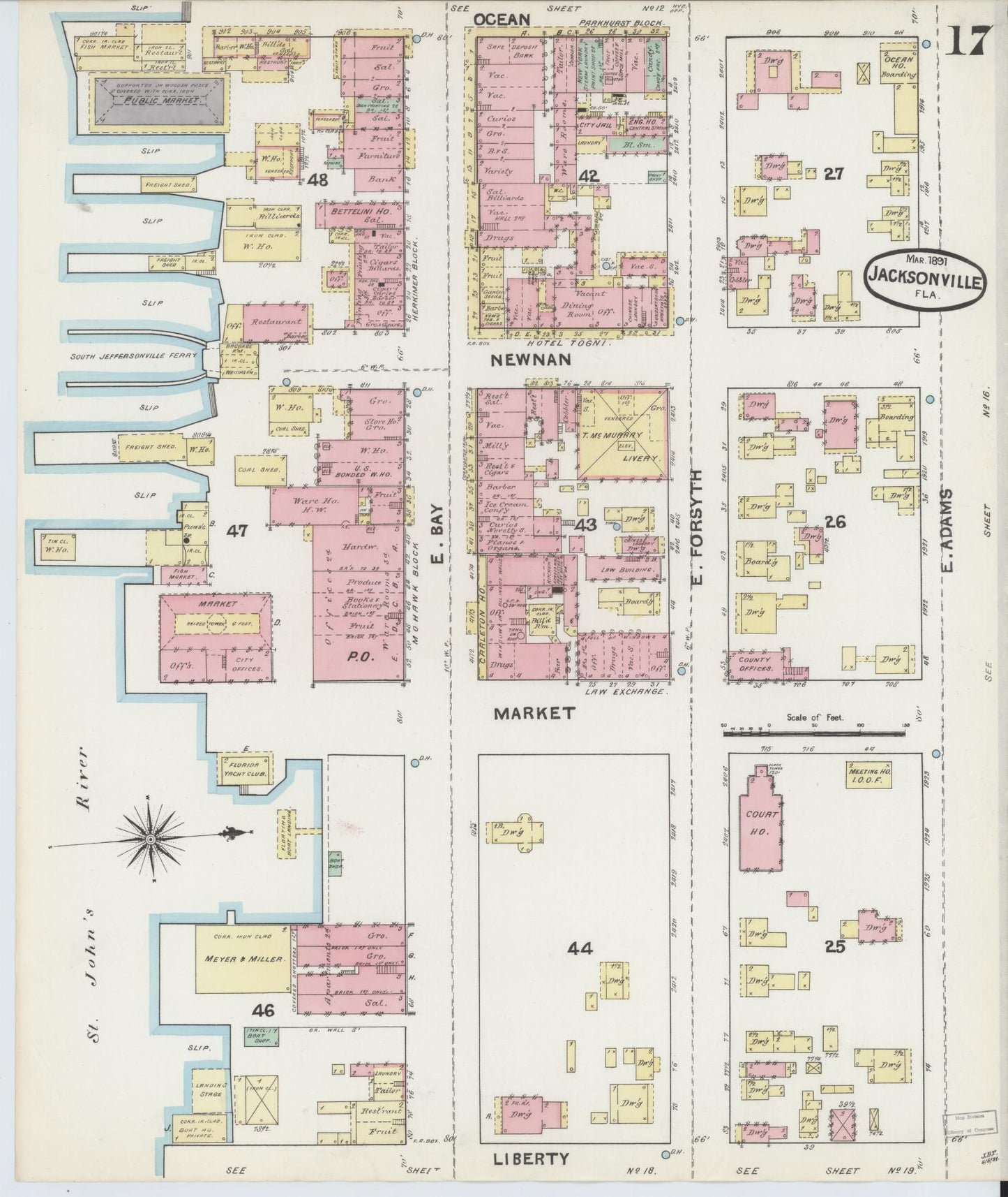 Sanborn Fire Insurance Map from Jacksonville, Duval County, Florida (1891), Sheet #0017 - Historic Sanborn Fire Insurance Map Print, vintage old map wall art, antique decor, genealogy gift, Florida Florida map