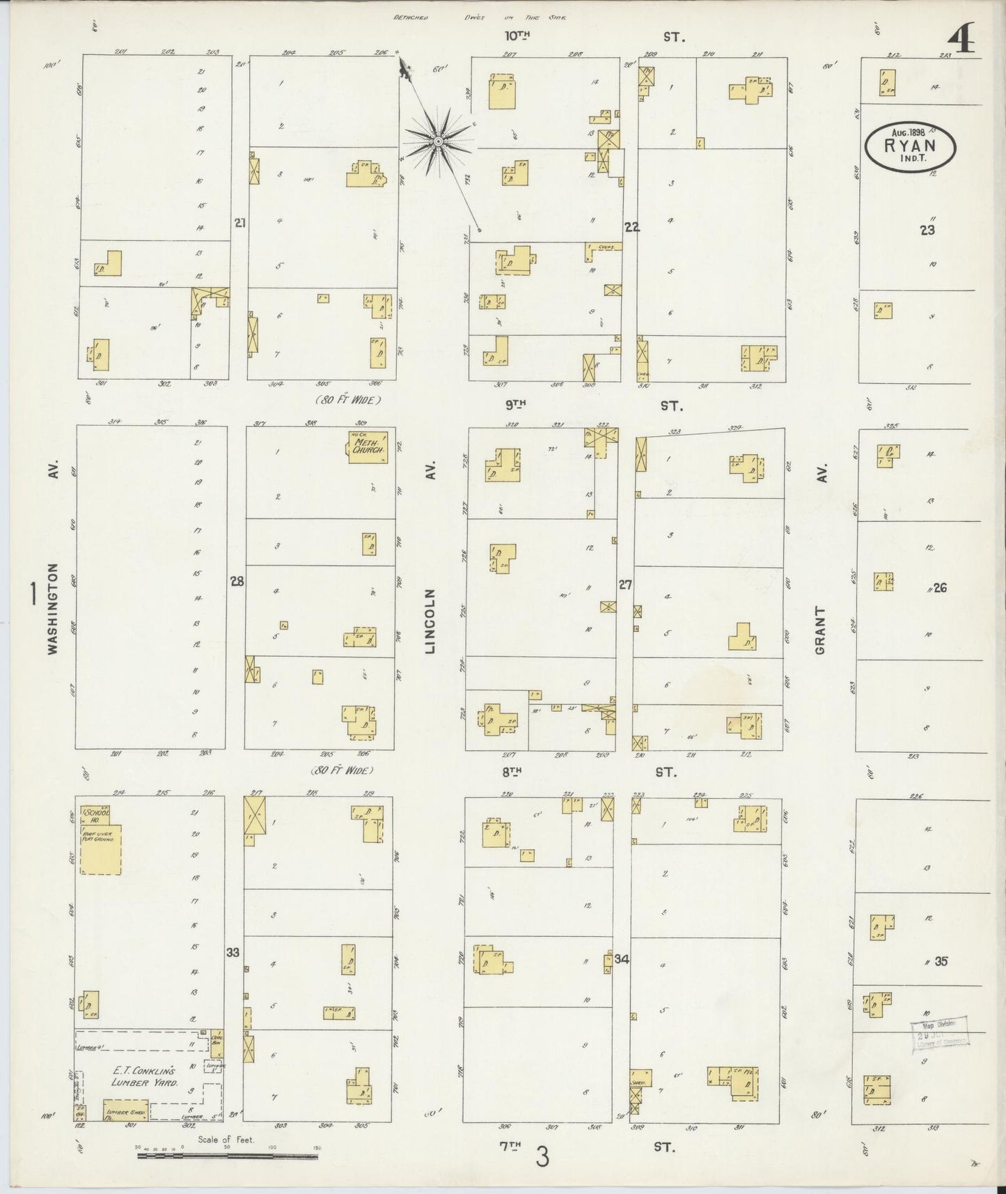 Sanborn Fire Insurance Map from Ryan, Jefferson County, Oklahoma (1898), Sheet #0004 - Historic Sanborn Fire Insurance Map Print, vintage old map wall art, antique decor, genealogy gift, Oklahoma Oklahoma map
