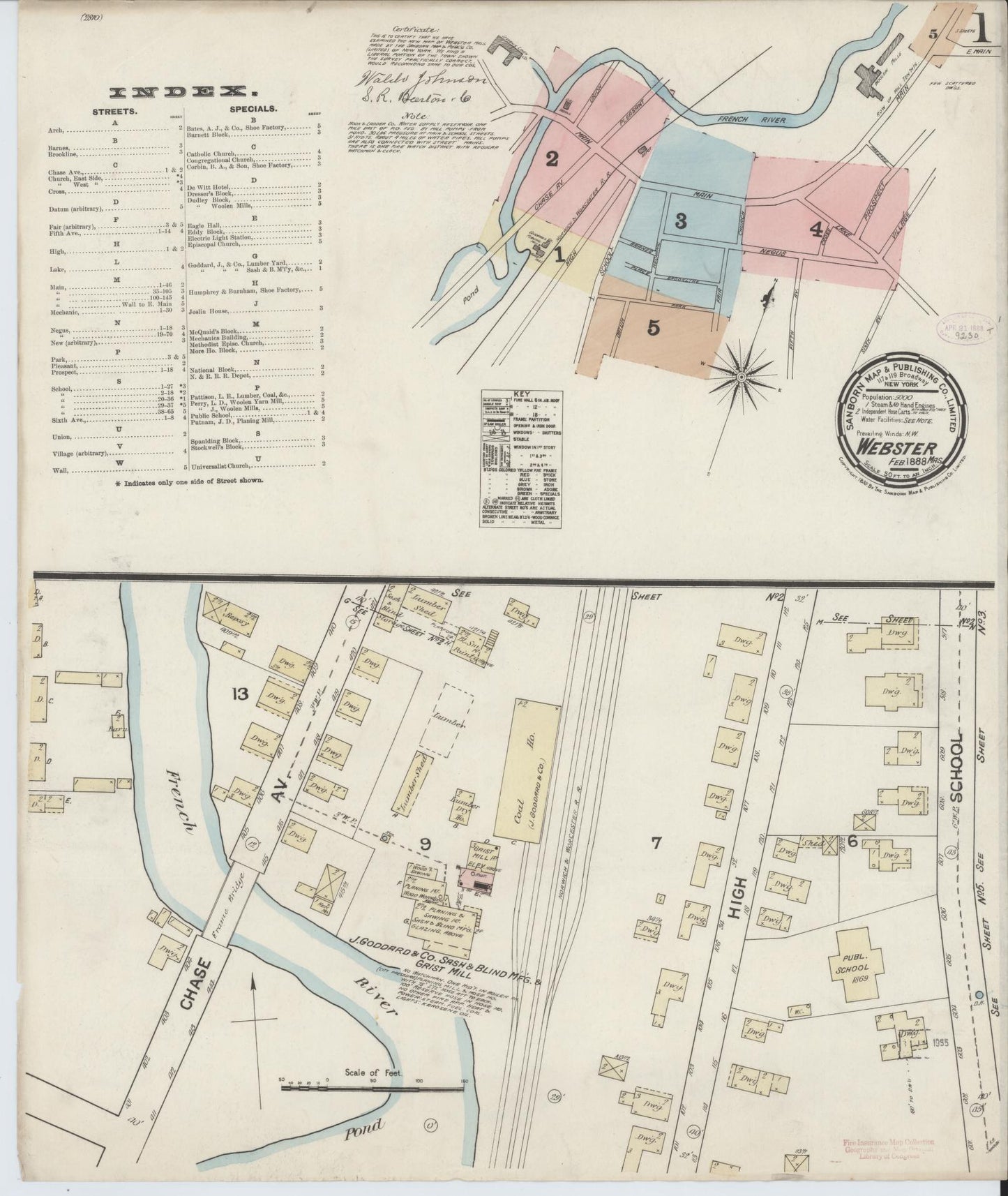 Sanborn Fire Insurance Map from Webster, Worcester County, Massachusetts (1888), Sheet #0001 - Historic Sanborn Fire Insurance Map Print, vintage old map wall art, antique decor, genealogy gift, Massachusetts Massachusetts map