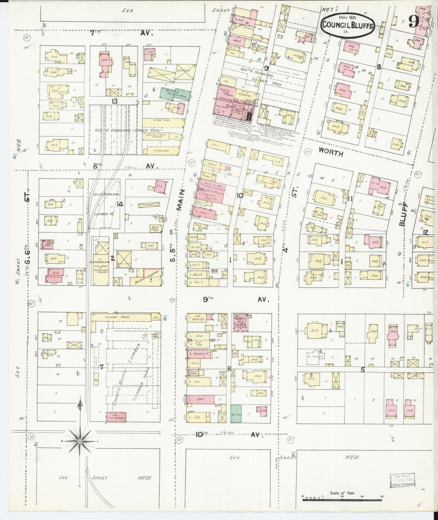 Sanborn Fire Insurance Map from Council Bluffs, Pottawattamie County, Iowa (1891), Sheet #0009 - Historic Sanborn Fire Insurance Map Print, vintage old map wall art