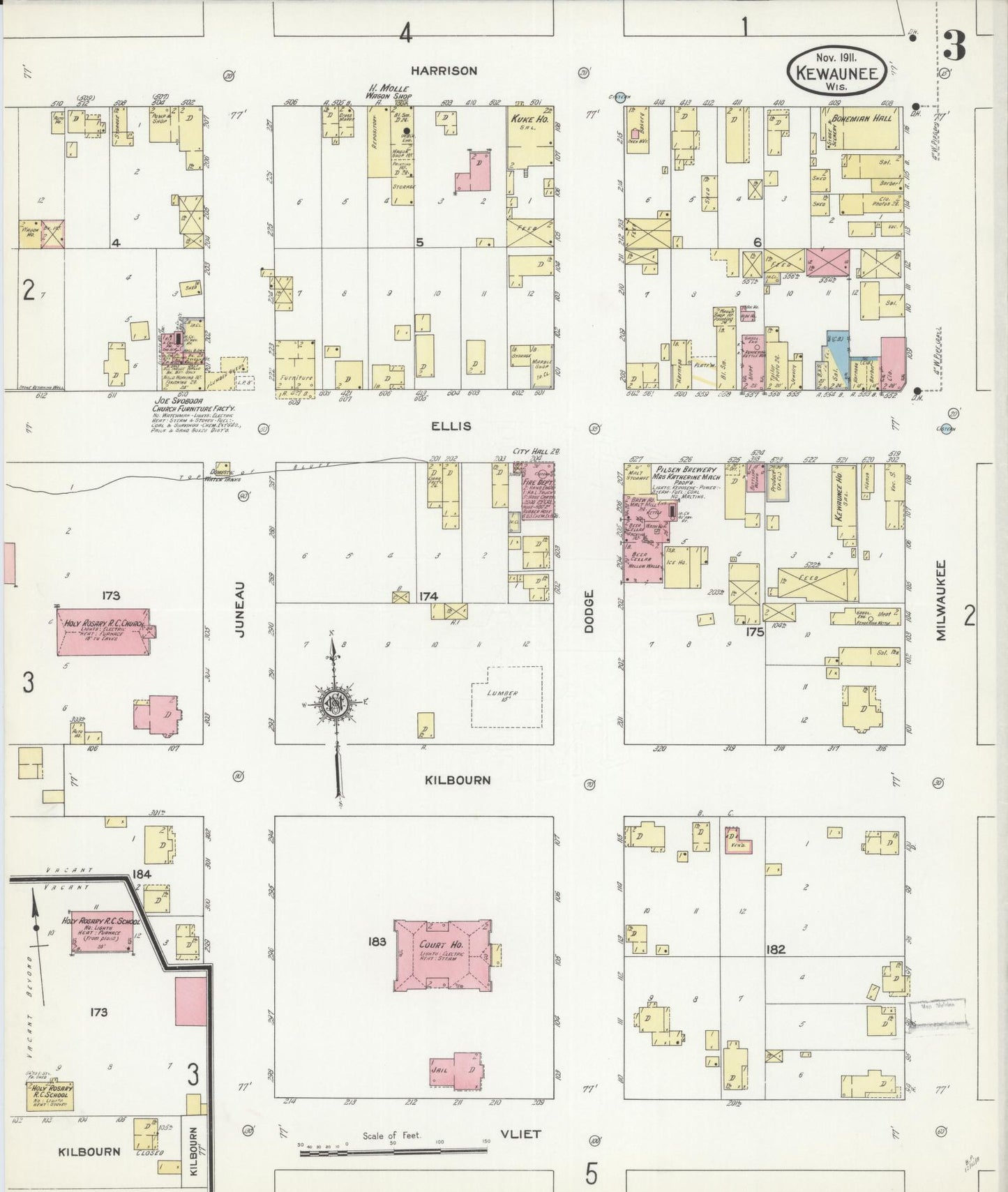 Sanborn Fire Insurance Map from Kewaunee, Kewaunee County, Wisconsin (1911), Sheet #0003 - Historic Sanborn Fire Insurance Map Print, vintage old map wall art, antique decor, genealogy gift, Wisconsin Wisconsin map