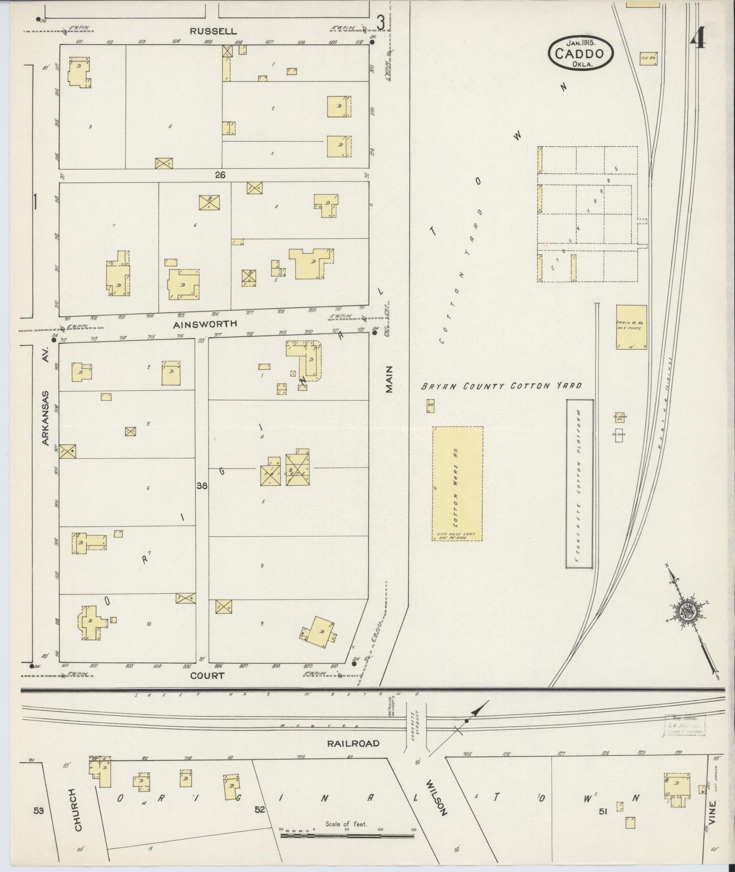 Sanborn Fire Insurance Map from Caddo, Bryan County, Oklahoma (1915), Sheet #0004 - Historic Sanborn Fire Insurance Map Print, vintage old map wall art, antique decor, genealogy gift, Oklahoma Oklahoma map
