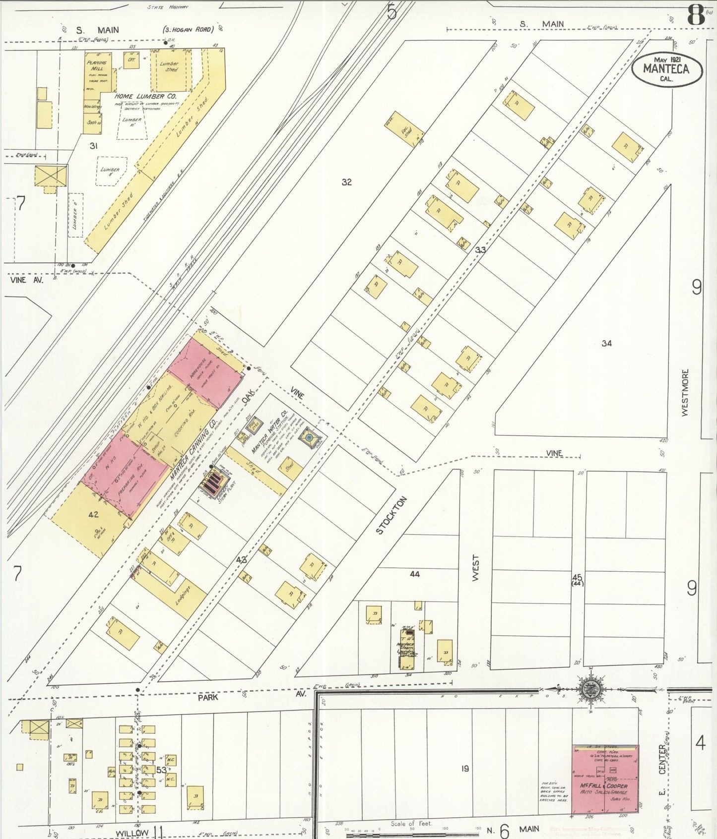 Sanborn Fire Insurance Map from Manteca, San Joaquin County, California (1921), Sheet #0008 - Historic Sanborn Fire Insurance Map Print, vintage old map wall art, antique decor, genealogy gift, California California map