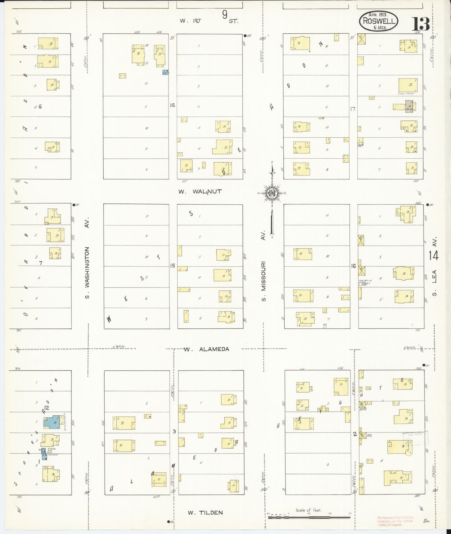 Sanborn Fire Insurance Map from Roswell, Chaves County, New Mexico (1913), Sheet #0013 - Historic Sanborn Fire Insurance Map Print, vintage old map wall art, antique decor, genealogy gift, New Mexico New Mexico map