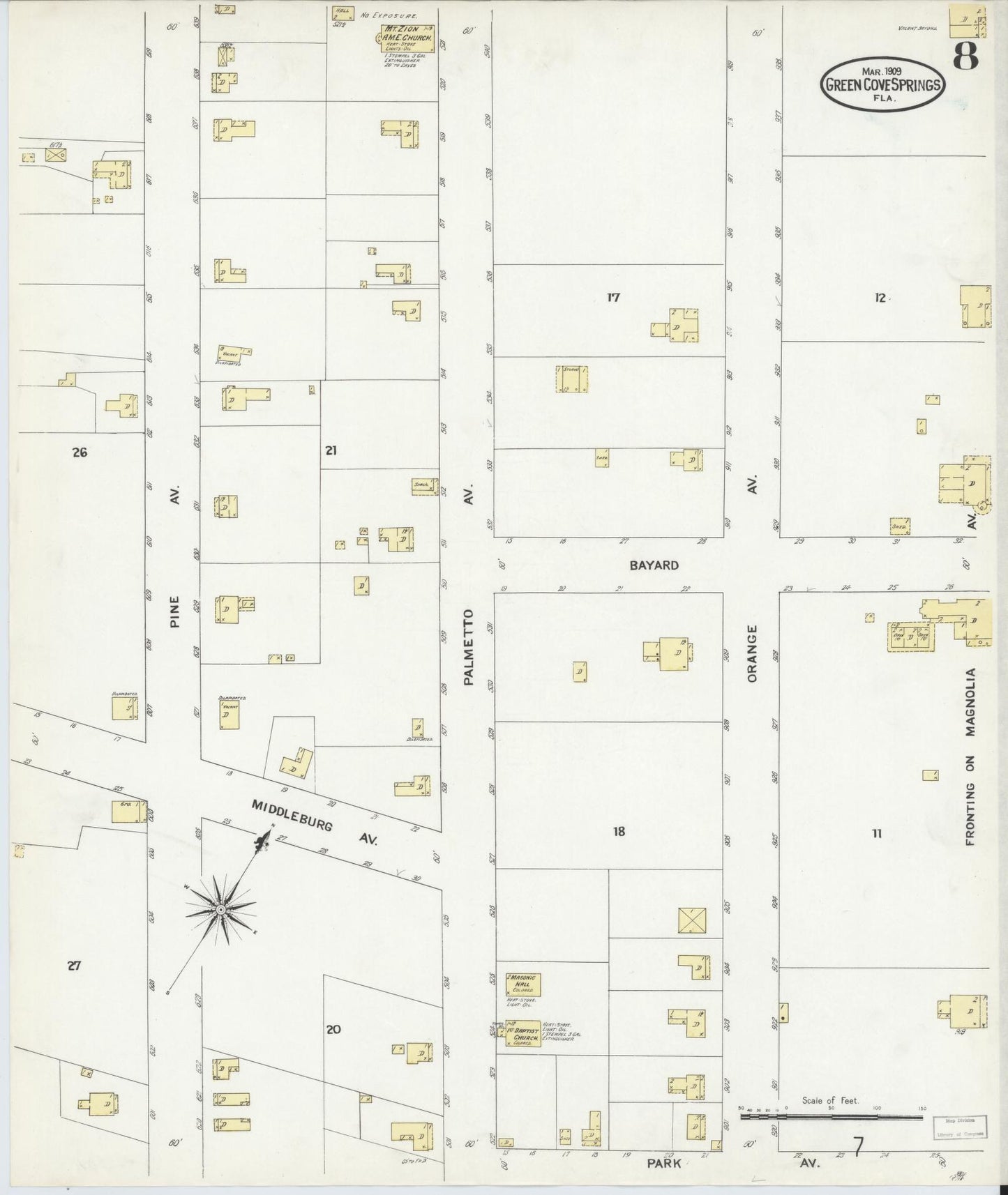 Sanborn Fire Insurance Map from Green Cove Springs, Clay County, Florida (1909), Sheet #0008 - Complete Map Set gallery image, historic Sanborn map, vintage wall art, Florida Florida