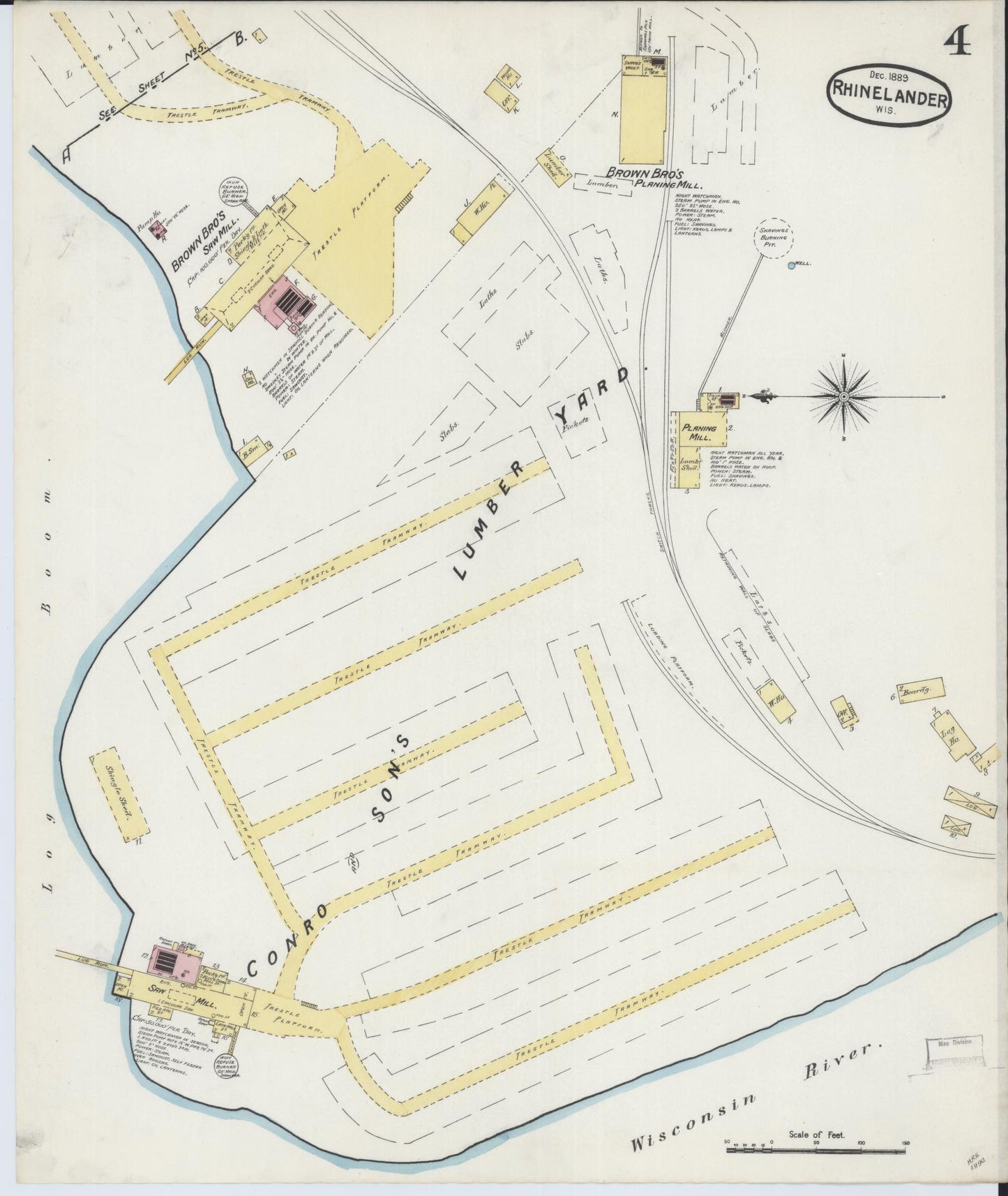 Sanborn Fire Insurance Map from Rhinelander, Oneida County, Wisconsin (1889), Sheet #0004 - Historic Sanborn Fire Insurance Map Print, vintage old map wall art, antique decor, genealogy gift, Wisconsin Wisconsin map