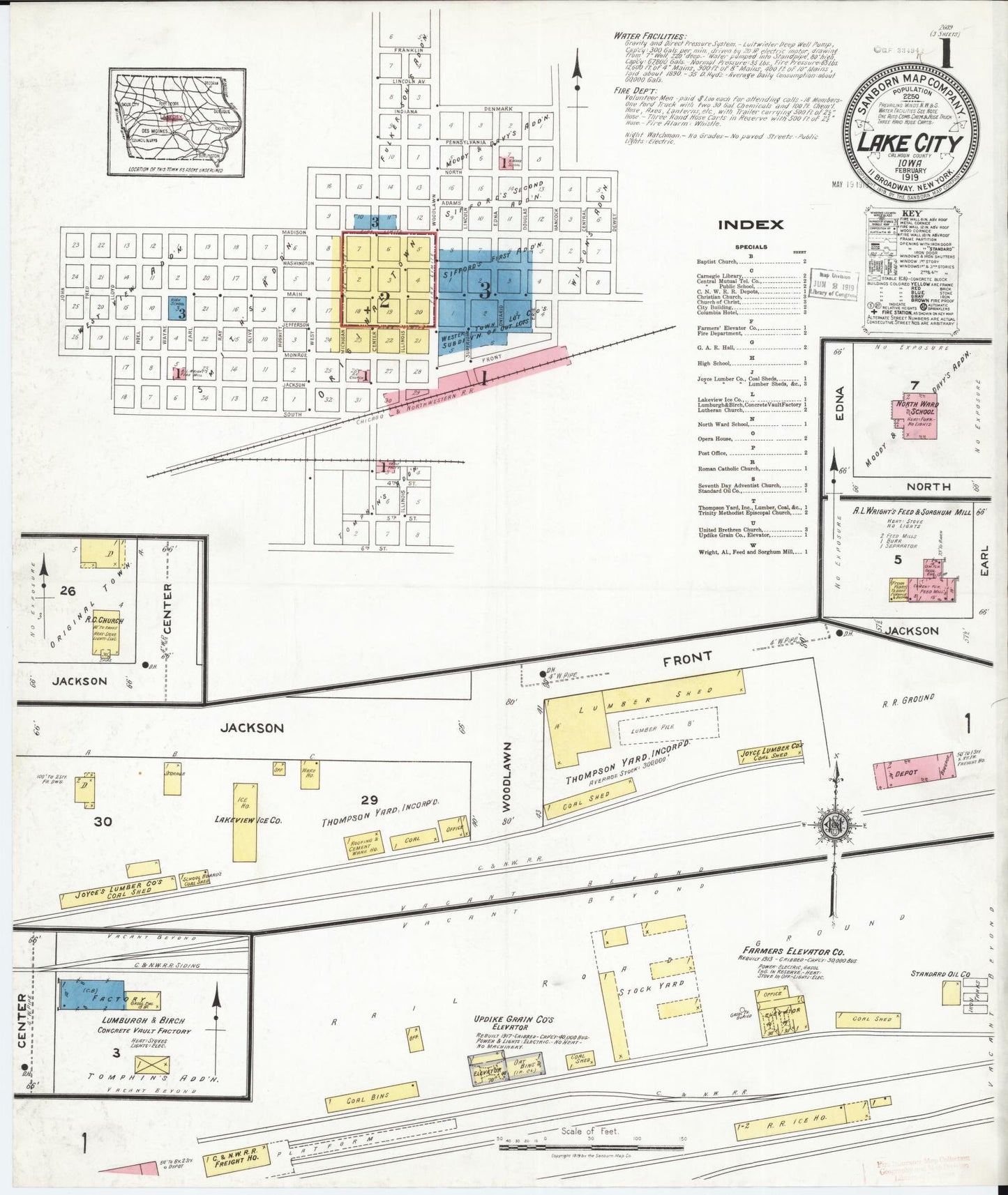 Sanborn Fire Insurance Map from Lake City, Calhoun County, Iowa (1919), Sheet #0001 - Historic Sanborn Fire Insurance Map Print, vintage old map wall art