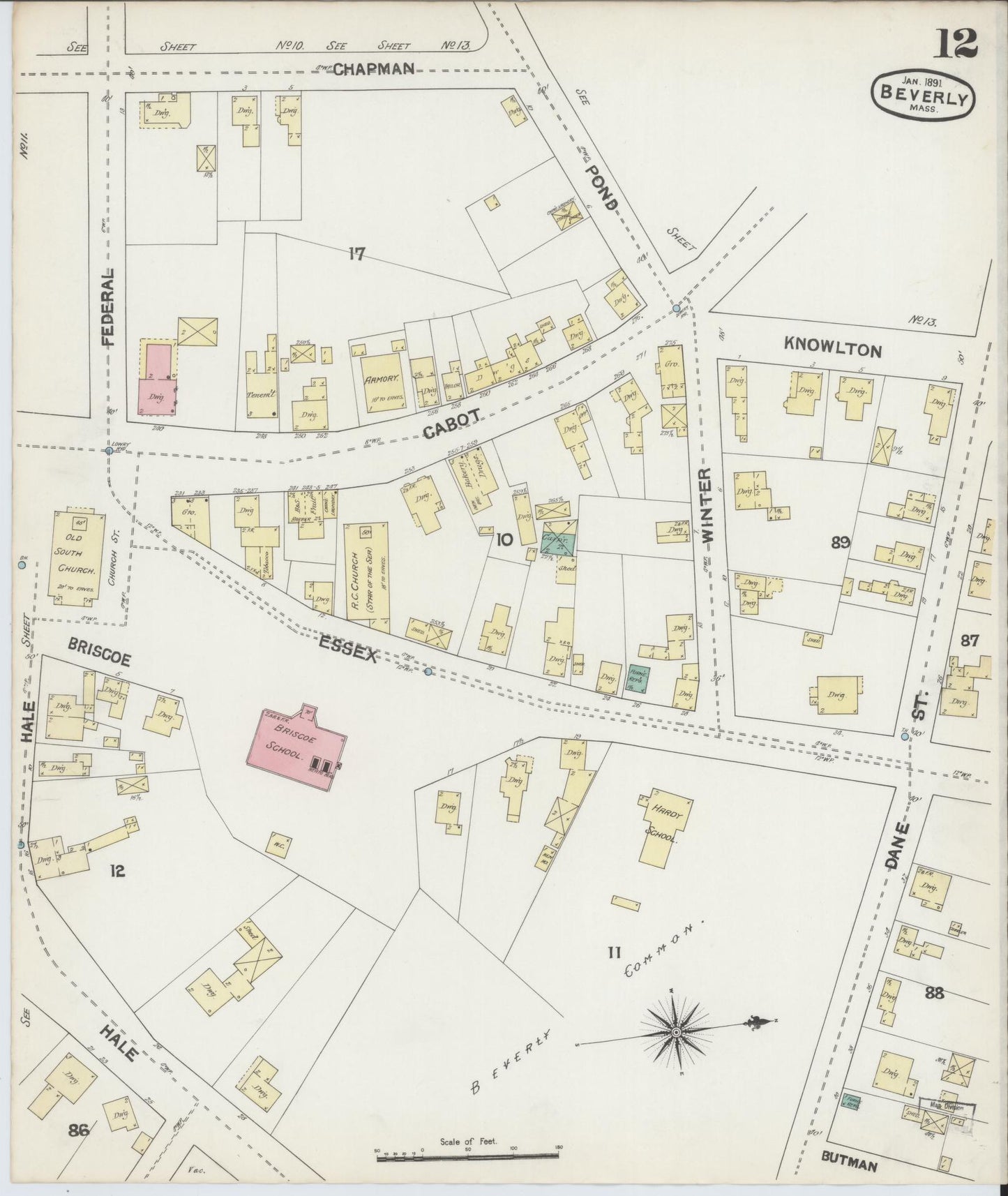 Sanborn Fire Insurance Map from Beverly, Essex County, Massachusetts (1891), Sheet #0012 - Historic Sanborn Fire Insurance Map Print, vintage old map wall art, antique decor, genealogy gift, Massachusetts Massachusetts map