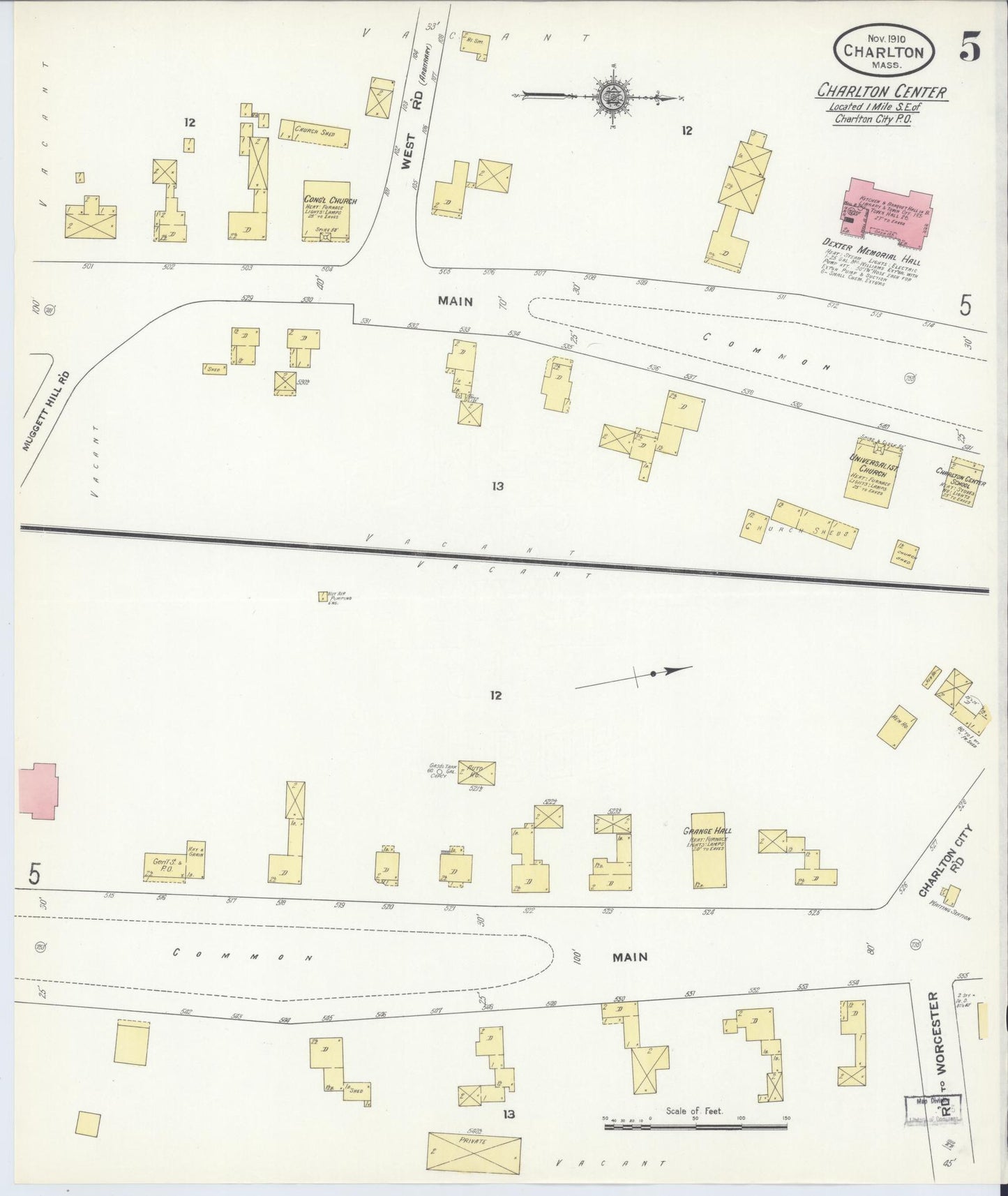 Sanborn Fire Insurance Map from Charlton, Worcester County, Massachusetts (1910), Sheet #0005 - Historic Sanborn Fire Insurance Map Print, vintage old map wall art, antique decor, genealogy gift, Massachusetts Massachusetts map