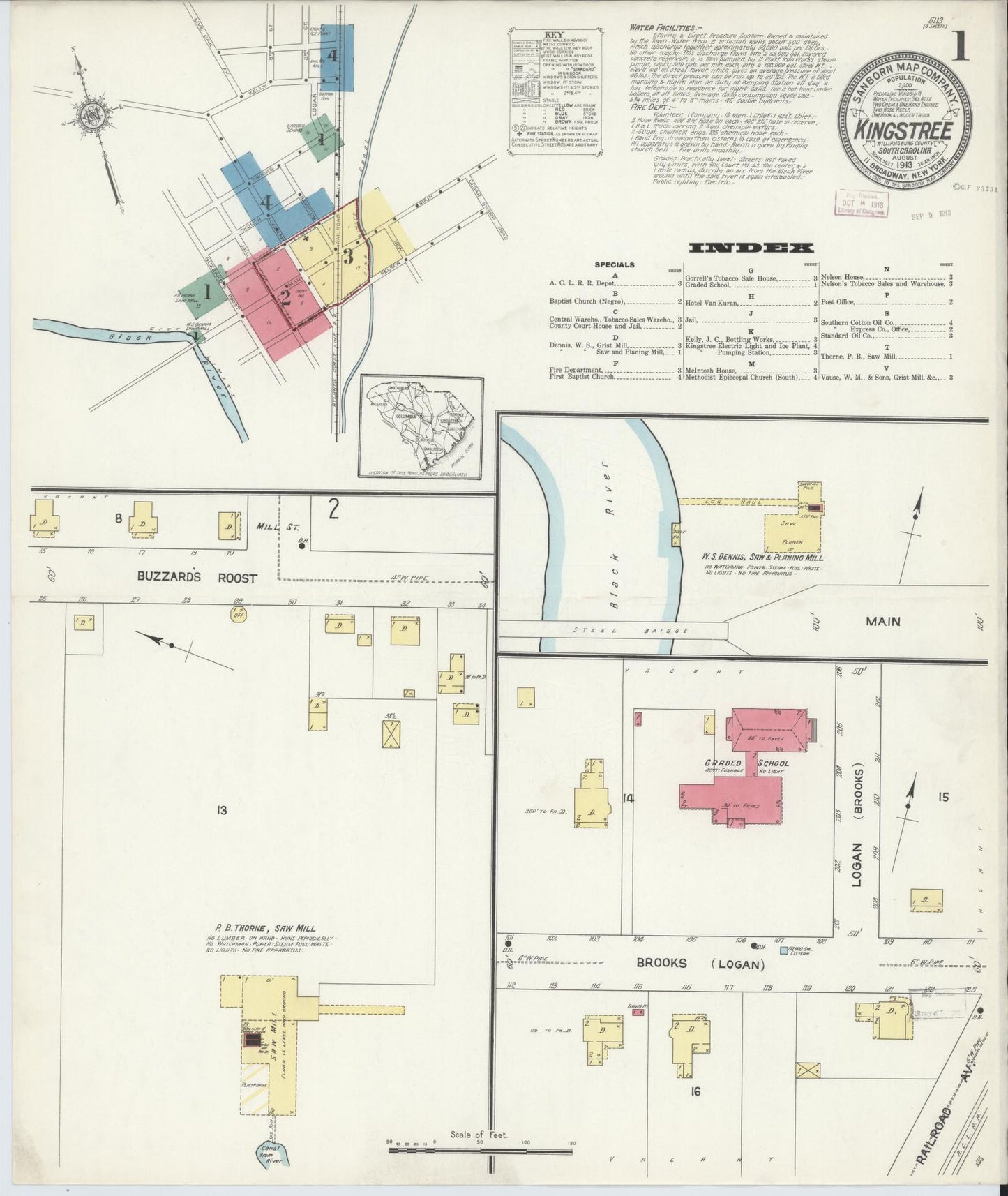 Sanborn Fire Insurance Map from Kingstree, Williamsburg County, South Carolina (1913), Sheet #0001 - Historic Sanborn Fire Insurance Map Print, vintage old map wall art, antique decor, genealogy gift, South Carolina South Carolina map