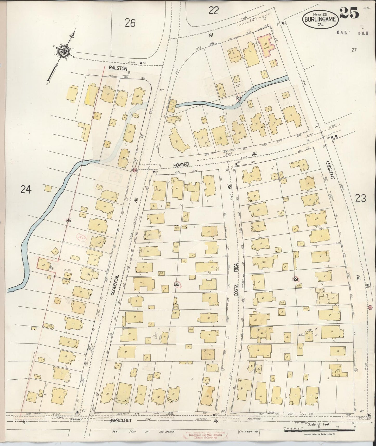 Sanborn Fire Insurance Map from Burlingame, San Mateo County, California (1949), Sheet #0025 - Historic Sanborn Fire Insurance Map Print, vintage old map wall art, antique decor, genealogy gift, California California map
