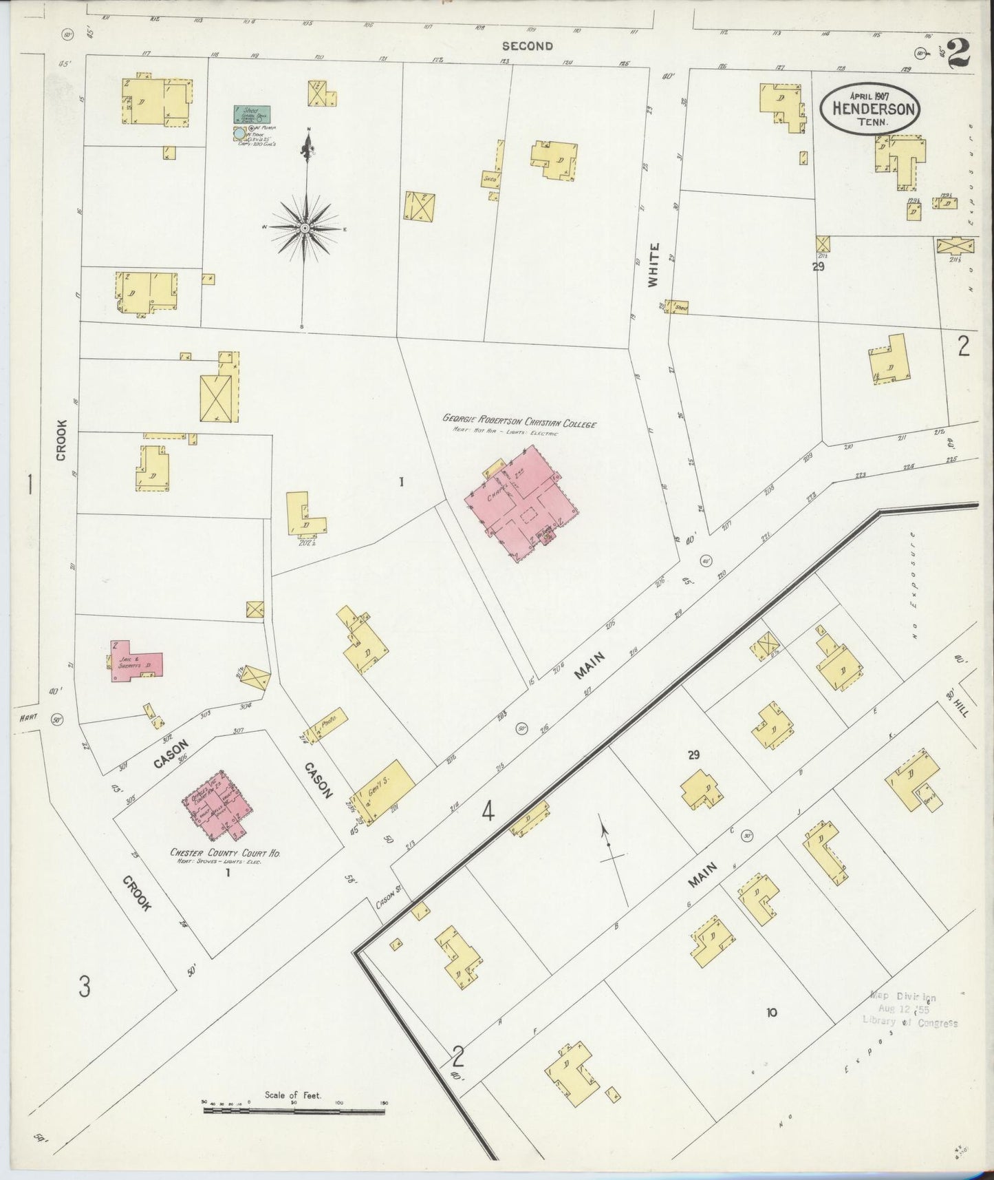 Sanborn Fire Insurance Map from Henderson, Chester County, Tennessee (1907), Sheet #0002 - Historic Sanborn Fire Insurance Map Print, vintage old map wall art, antique decor, genealogy gift, Tennessee Tennessee map