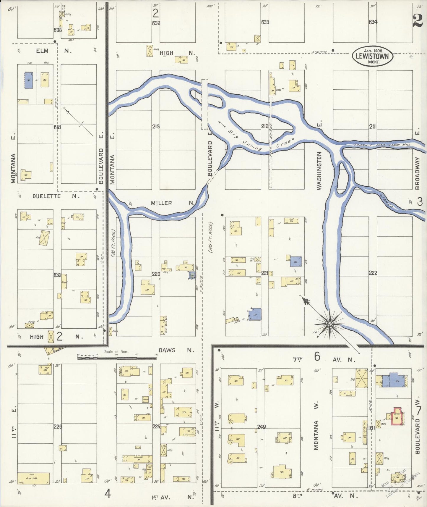 Sanborn Fire Insurance Map from Lewistown, Fergus County, Montana (1908), Sheet #0002 - Historic Sanborn Fire Insurance Map Print, vintage old map wall art, antique decor, genealogy gift, Montana Montana map