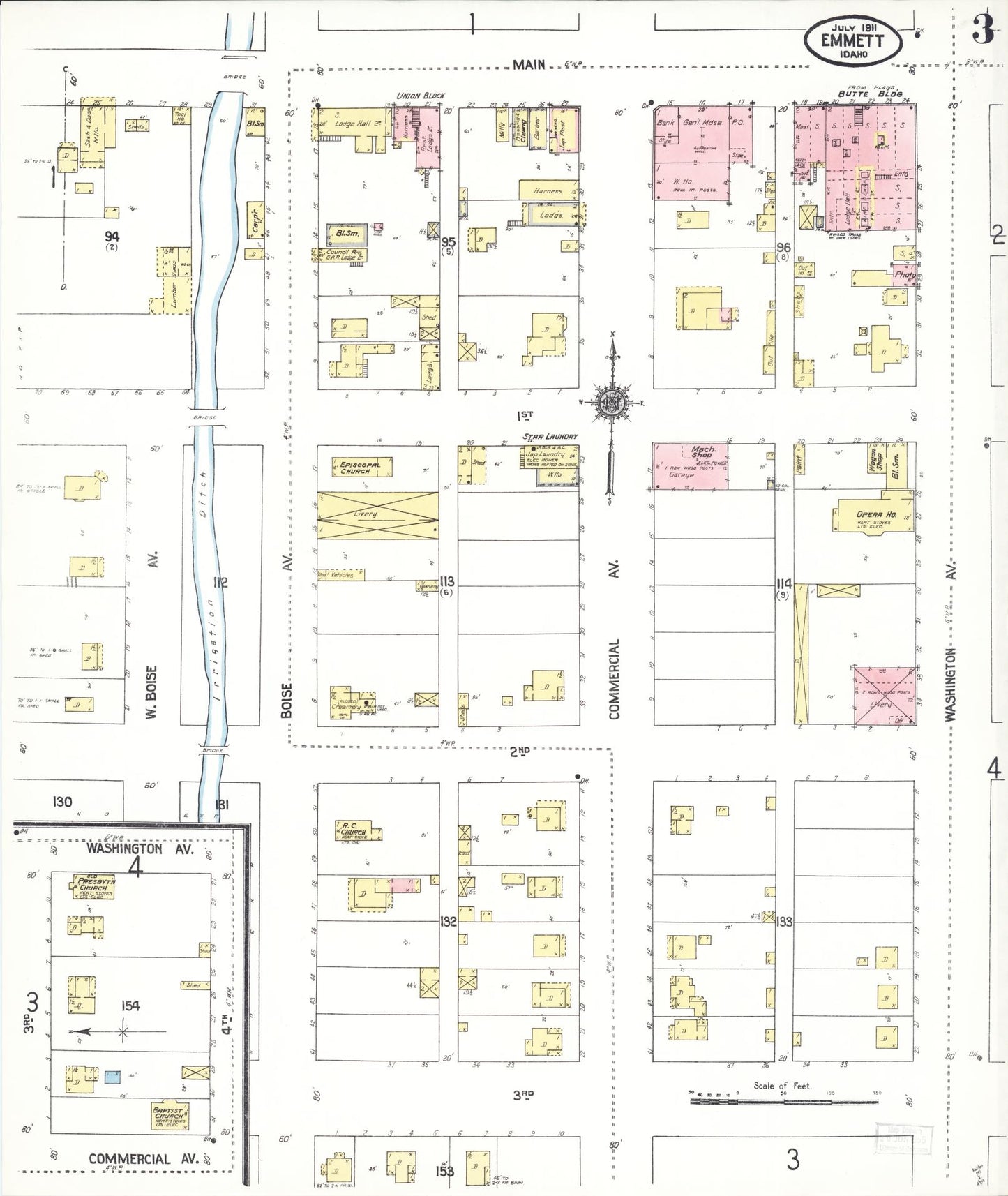 Sanborn Fire Insurance Map from Emmett, Gem County, Idaho (1911), Sheet #0003 - Historic Sanborn Fire Insurance Map Print, vintage old map wall art, antique decor, genealogy gift, Idaho Idaho map