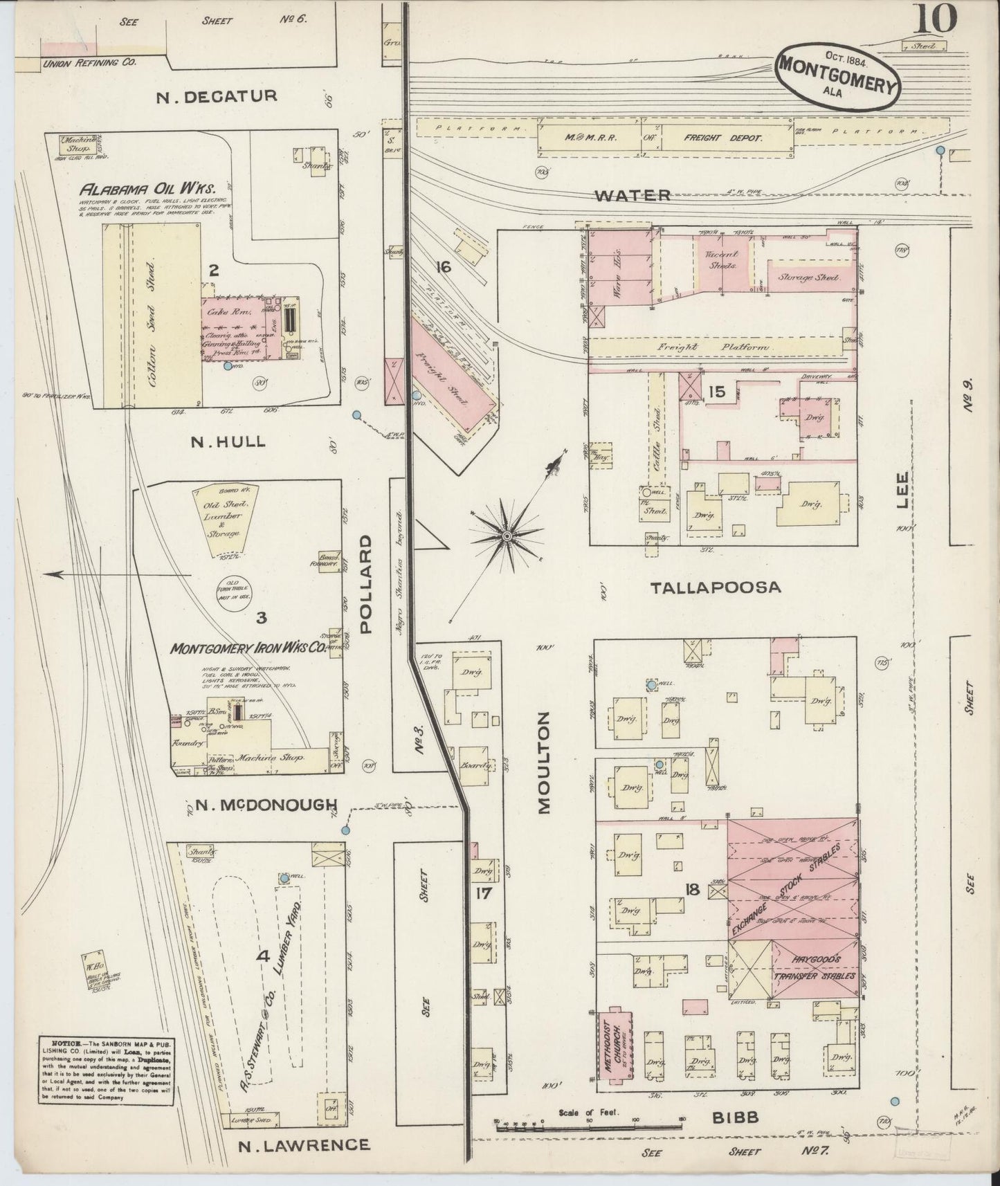Sanborn Fire Insurance Map from Montgomery, Montgomery County, Alabama (1884), Sheet #0010 - Historic Sanborn Fire Insurance Map Print, vintage old map wall art, antique decor, genealogy gift, Alabama Alabama map
