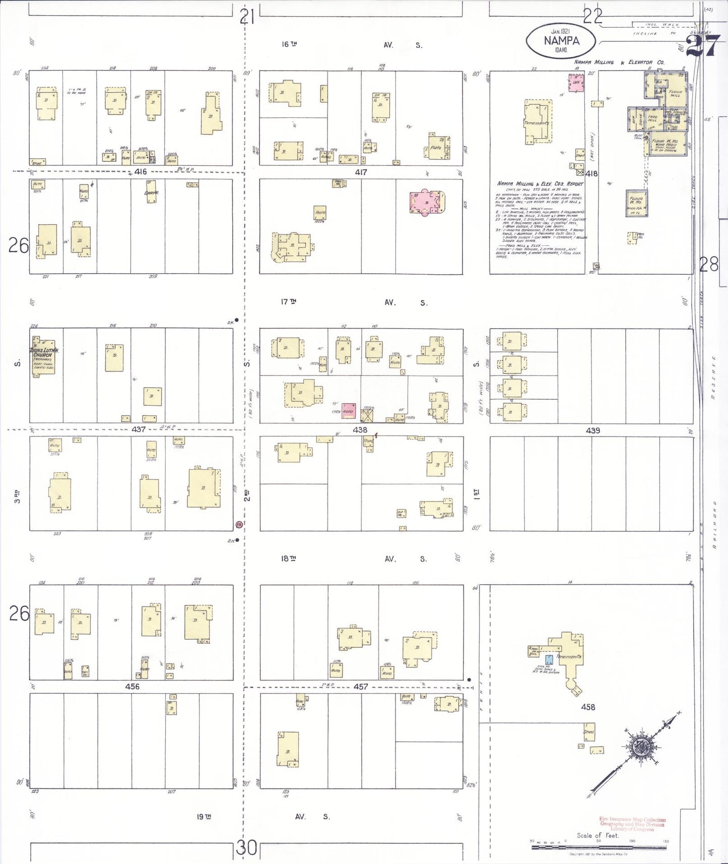 Sanborn Fire Insurance Map from Nampa, Canyon County, Idaho (1921), Sheet #0027 - Historic Sanborn Fire Insurance Map Print, vintage old map wall art, antique decor, genealogy gift, Idaho Idaho map