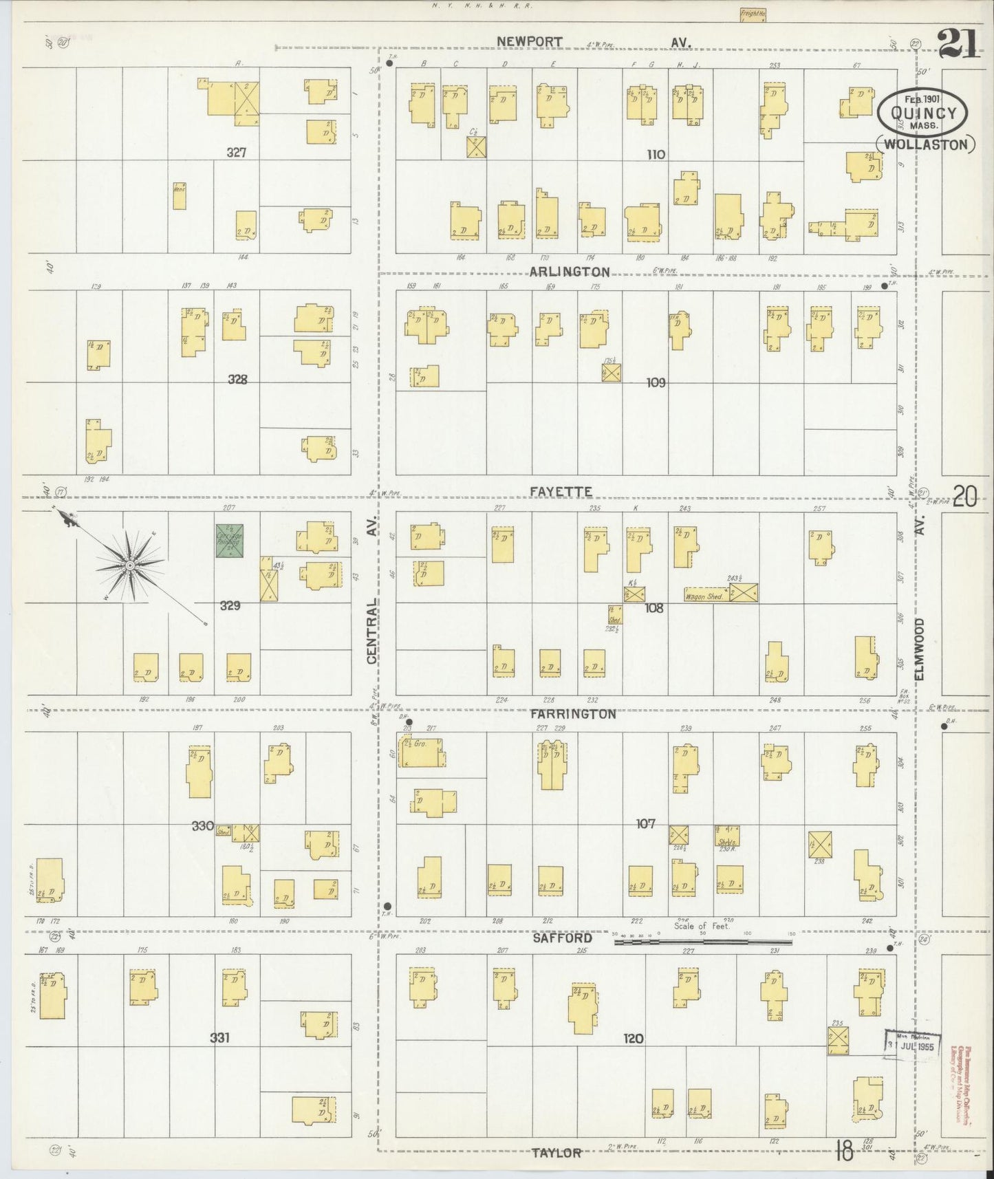 Sanborn Fire Insurance Map from Quincy, Norfolk County, Massachusetts (1901), Sheet #0021 - Historic Sanborn Fire Insurance Map Print, vintage old map wall art, antique decor, genealogy gift, Massachusetts Massachusetts map