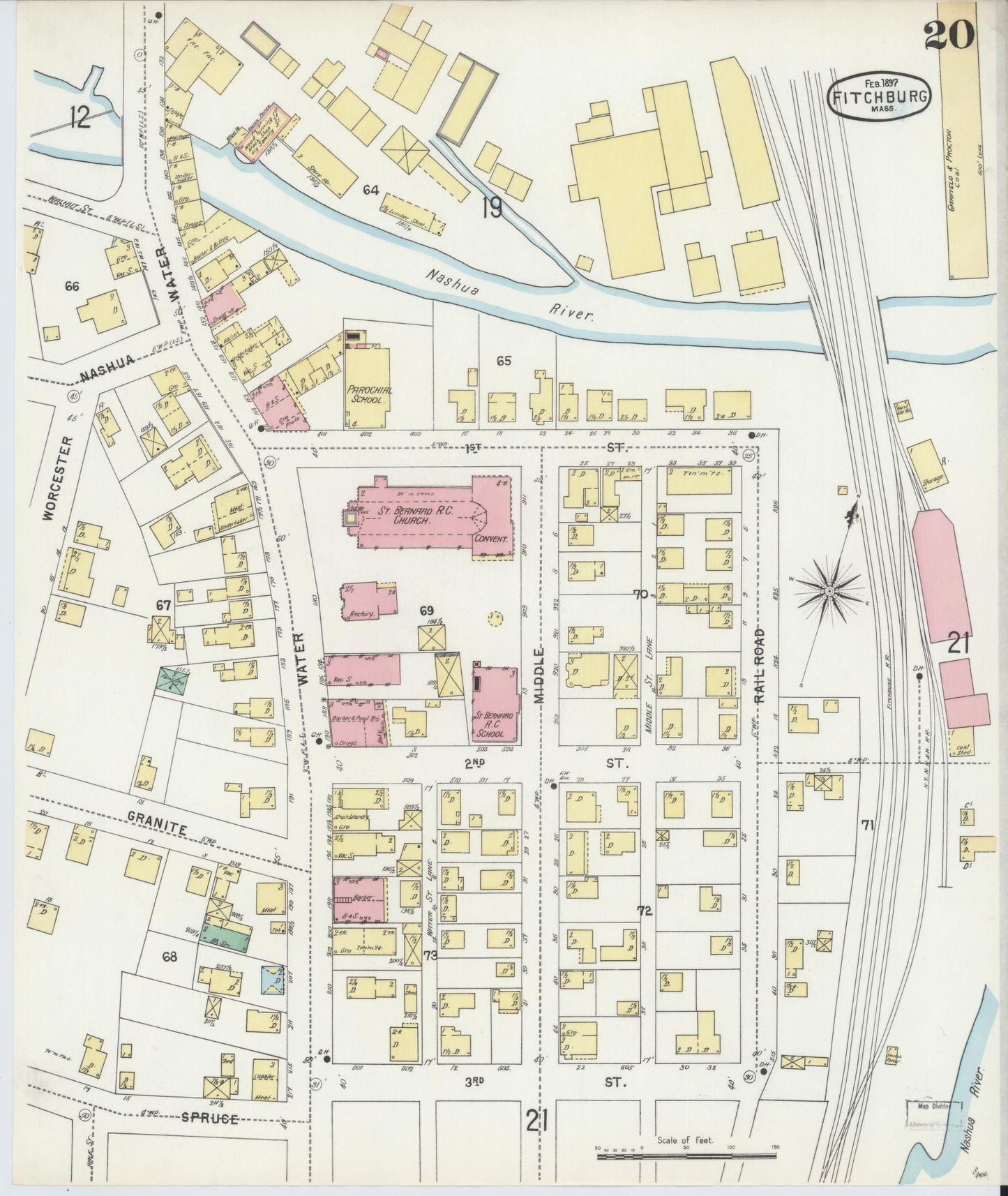 Sanborn Fire Insurance Map from Fitchburg, Worcester County, Massachusetts (1897), Sheet #0020 - Historic Sanborn Fire Insurance Map Print, vintage old map wall art, antique decor, genealogy gift, Massachusetts Massachusetts map