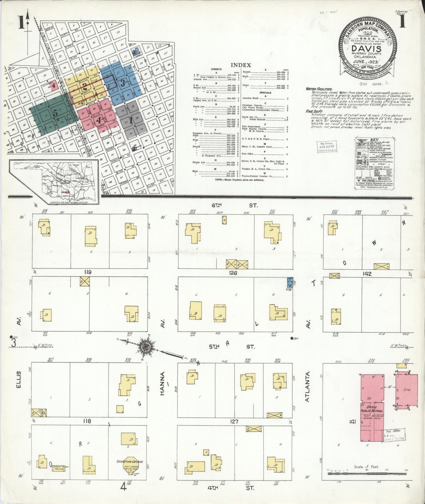 Sanborn Fire Insurance Map from Davis, Murray County, Oklahoma (1923), Sheet #0001 - Historic Sanborn Fire Insurance Map Print, vintage old map wall art, antique decor, genealogy gift, Oklahoma Oklahoma map