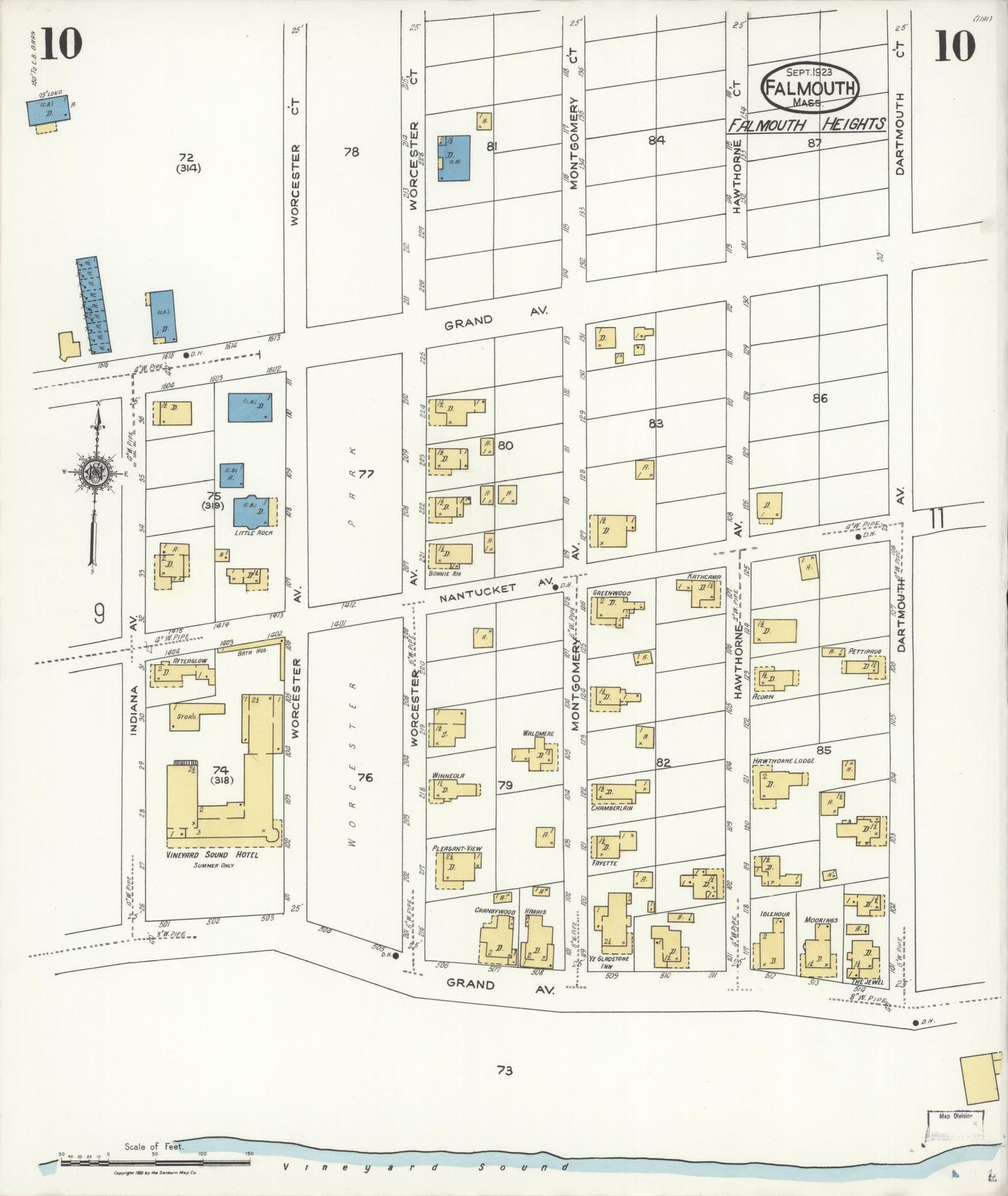 Sanborn Fire Insurance Map from Falmouth, Barnstable County, Massachusetts (1923), Sheet #0010 - Historic Sanborn Fire Insurance Map Print, vintage old map wall art, antique decor, genealogy gift, Massachusetts Massachusetts map