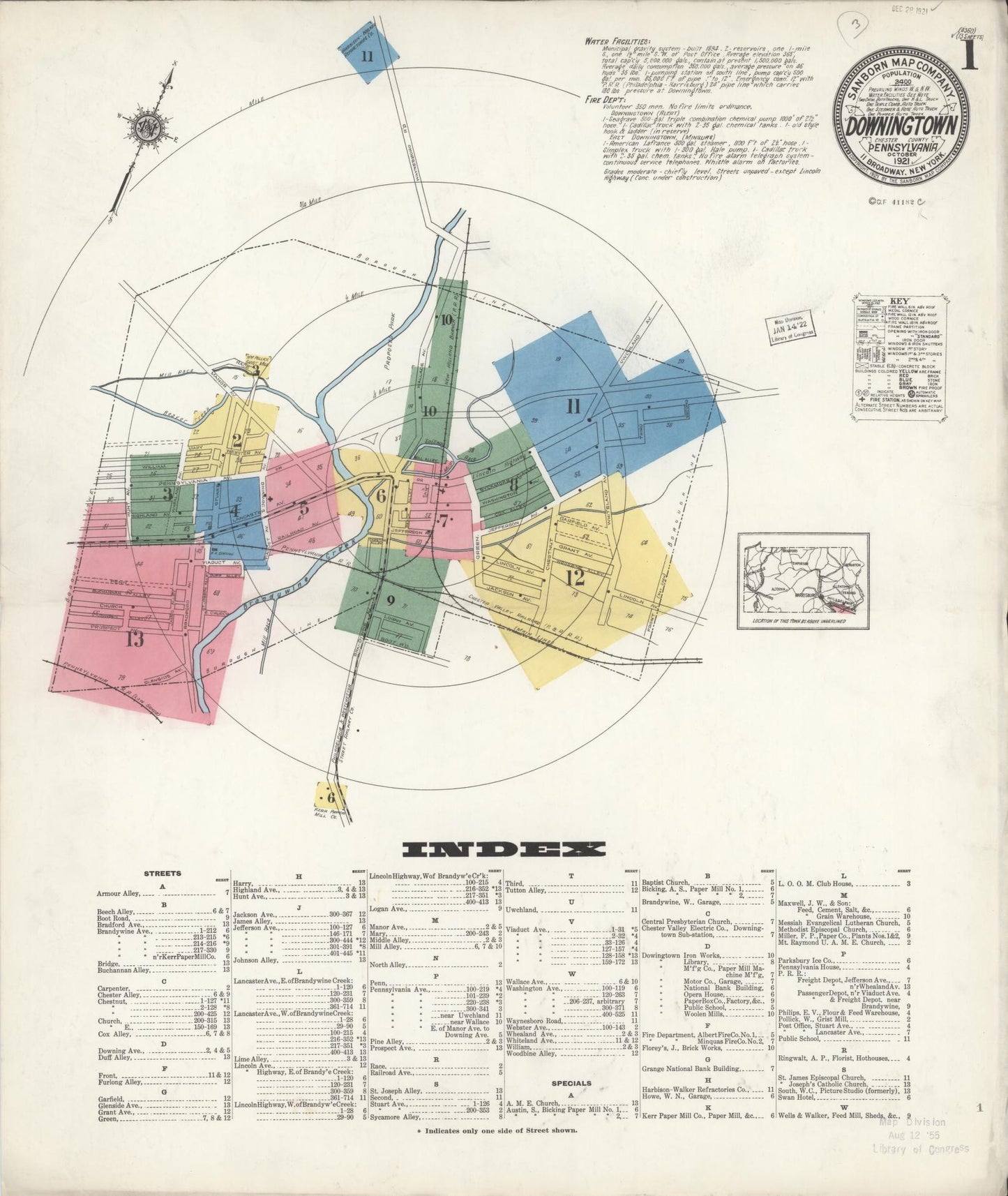 Sanborn Fire Insurance Map from Downingtown, Chester County, Pennsylvania (1921), Sheet #0001 - Historic Sanborn Fire Insurance Map Print, vintage old map wall art, antique decor, genealogy gift, Pennsylvania Pennsylvania map