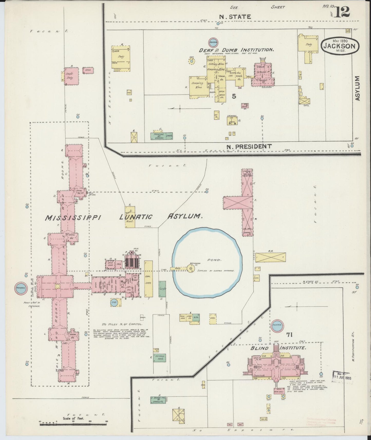 Sanborn Fire Insurance Map from Jackson, Hinds County, Mississippi (1890), Sheet #0012 - Historic Sanborn Fire Insurance Map Print, vintage old map wall art, antique decor, genealogy gift, Mississippi Mississippi map